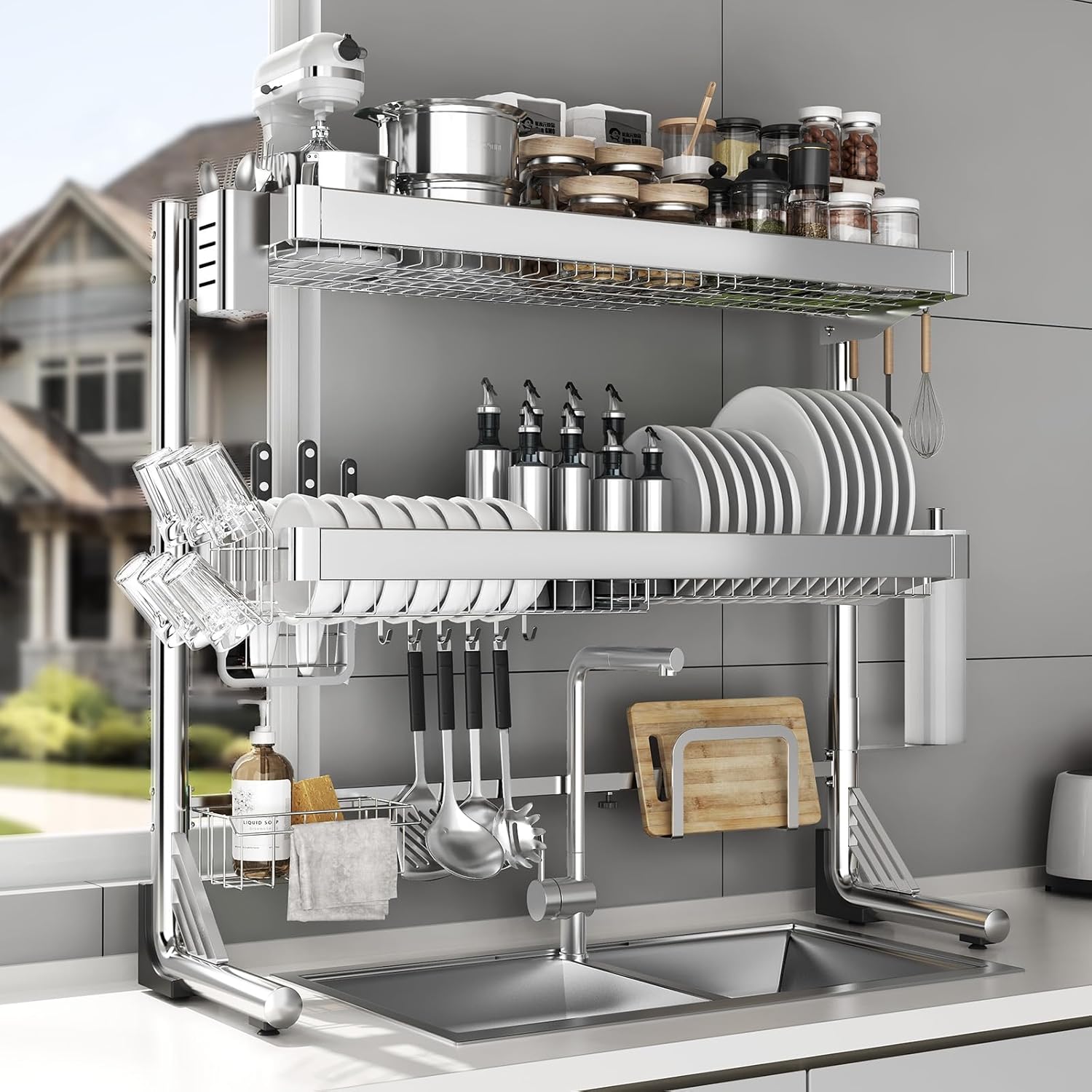 Over The Sink Dish Drainer Drying Rack 3 Tier, Full Stainless Steel Dish Drying Rack Adjustable Length 20.9''-37.4'', Kitchen Sink Shelf