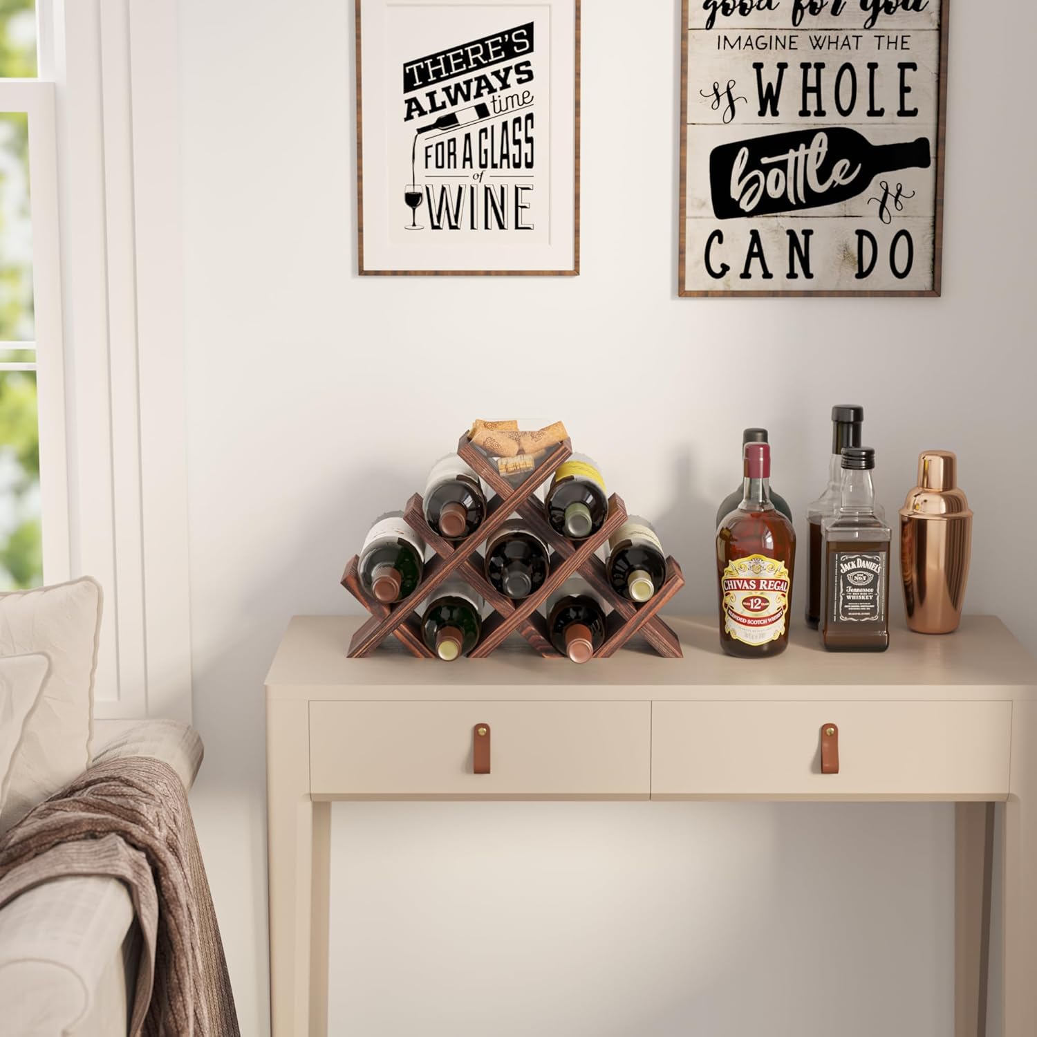 Alella Countertop Wood Wine Rack for 8 Bottles Holder and Cork Storage Tabletop Butterfly Sleek Design