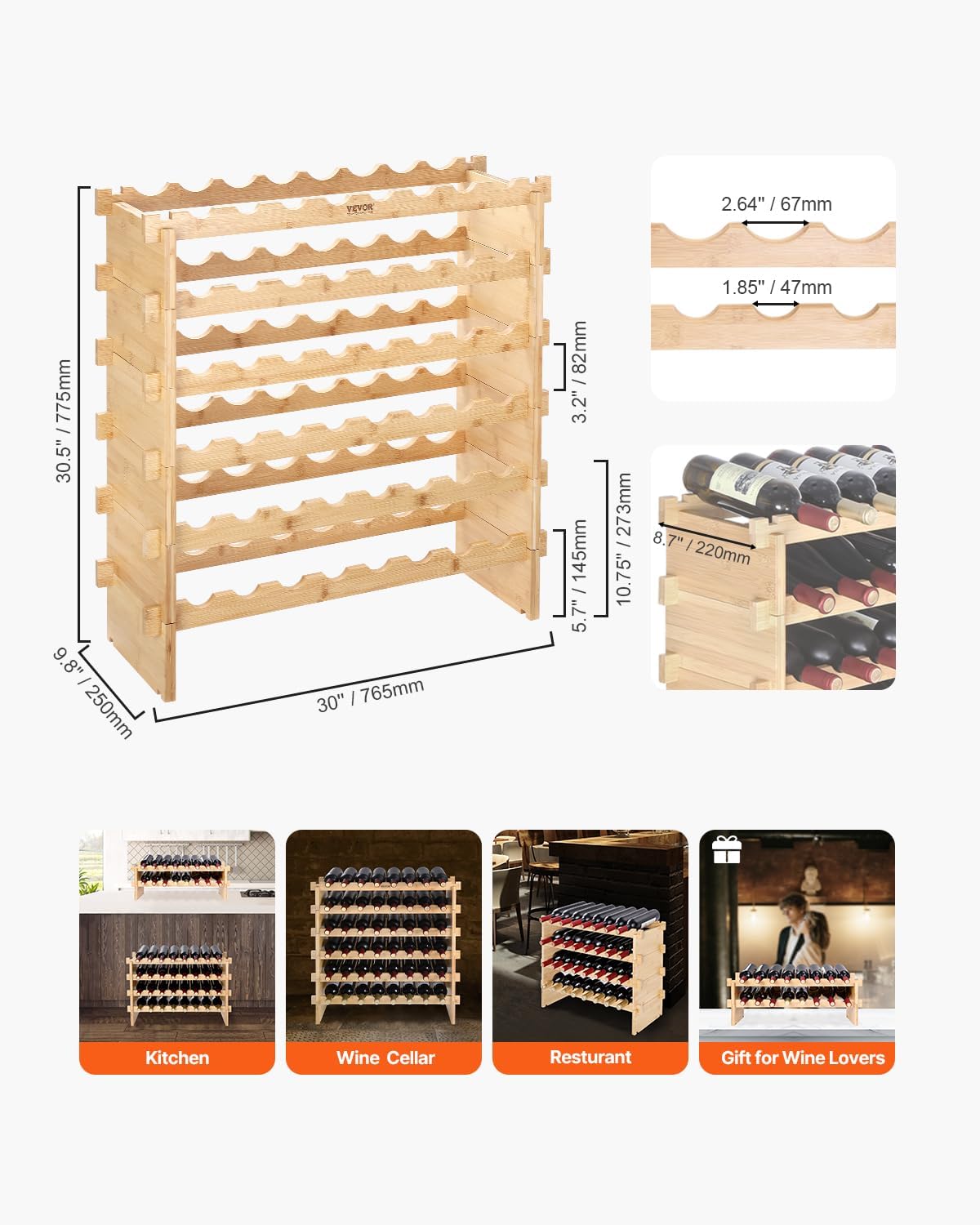 VEVOR 6-Tier 48 Bottles Stackable Modular Wine Rack, Freestanding Wines Holder Display Shelf