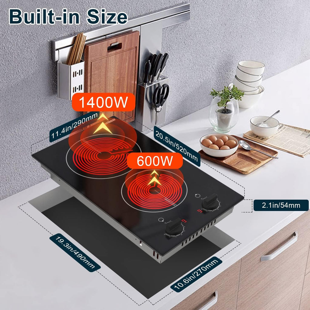 Karinear 110v Electric Cooktop 2 Burners, 12'' Electric Stove Top with Plug in, Knob Control Countertop