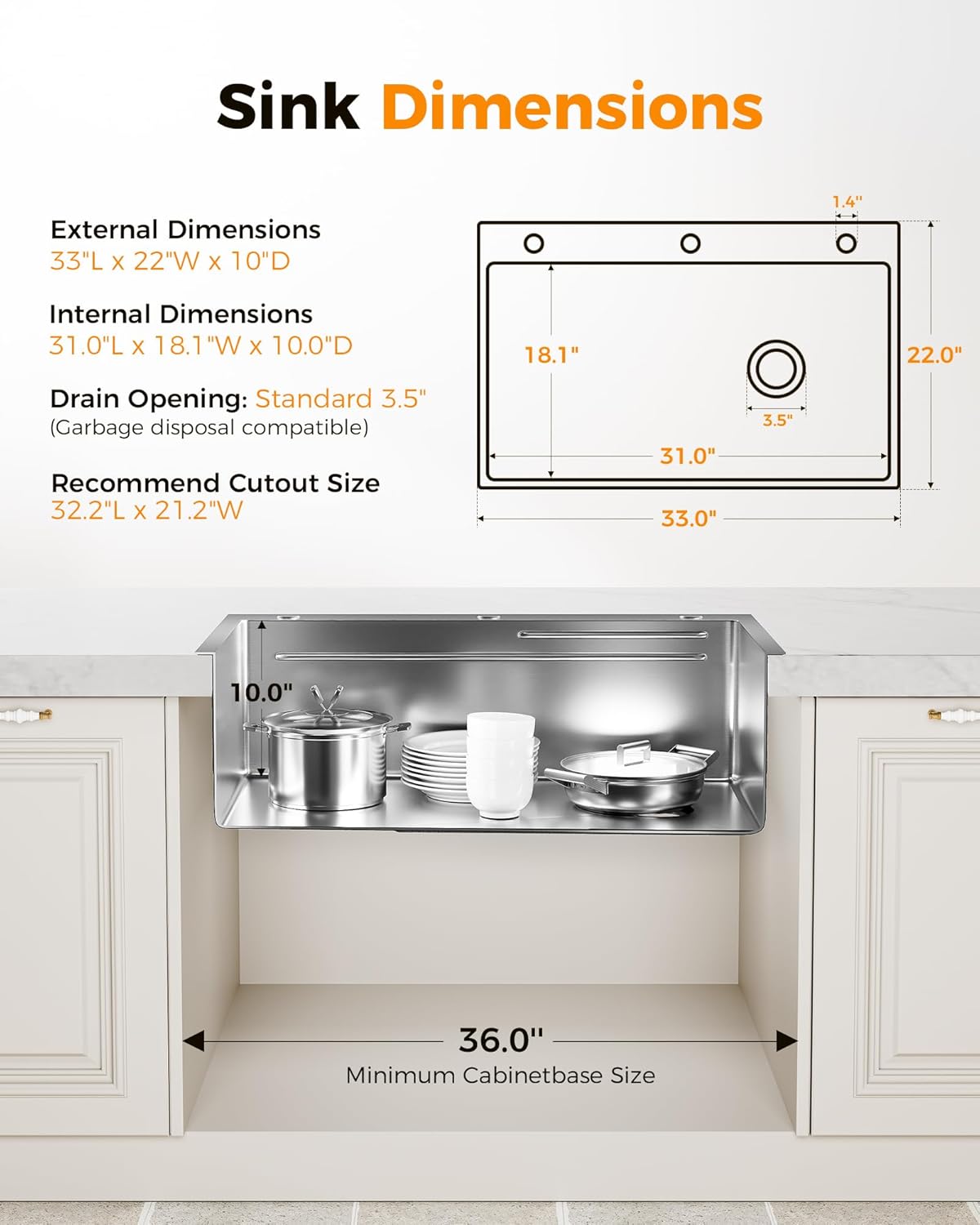 CAMMOO 33X22 Drop In Kitchen Sink, 304 Stainless Steel Workstation Sink, Pop-Up Drain