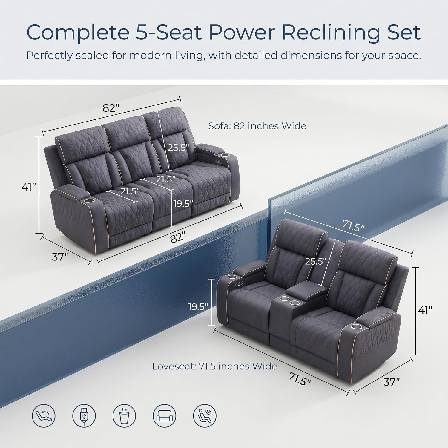 2 Piece Power Recliner Sofa Set with LED Lights, Electric Reclining Living Room Furniture Set