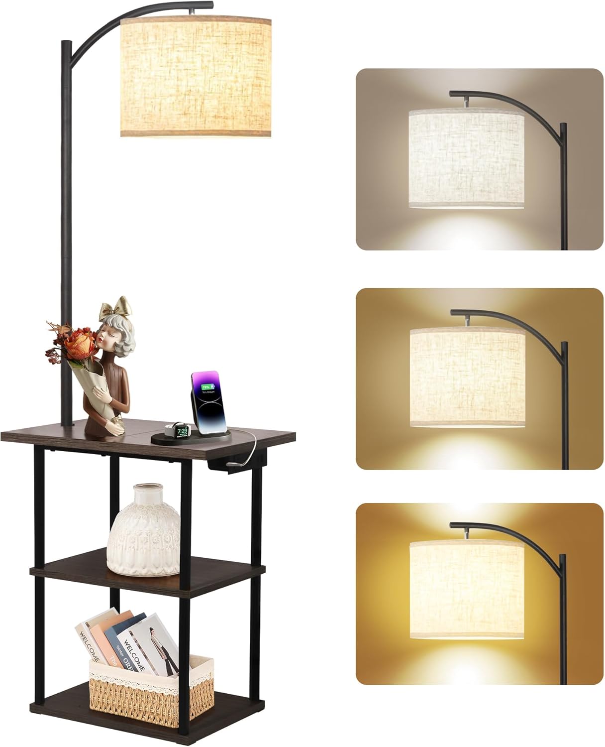 PESRAE Floor Lamp with Table, End Tables with Charging Station(USB & Type-C & AC Port)