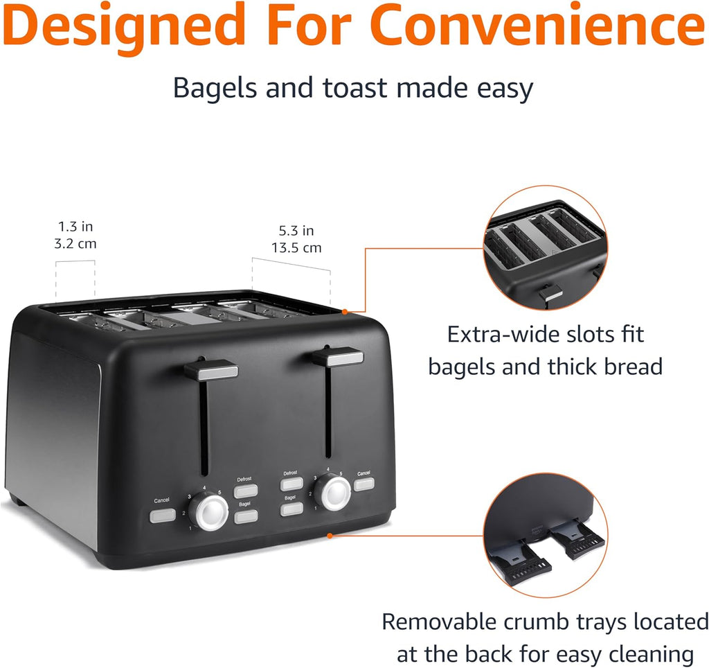 Amazon Basics 4 Slice Toaster, 7 Browning Settings, Extra Wide Slots for Bagels and Specialty Breads,