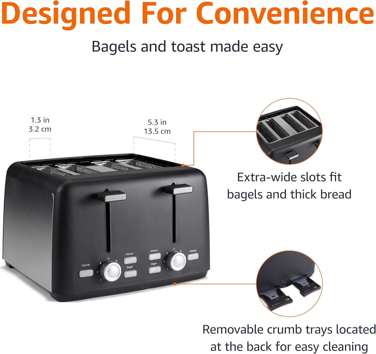 Amazon Basics 4 Slice Toaster, 7 Browning Settings, Extra Wide Slots for Bagels and Specialty Breads,