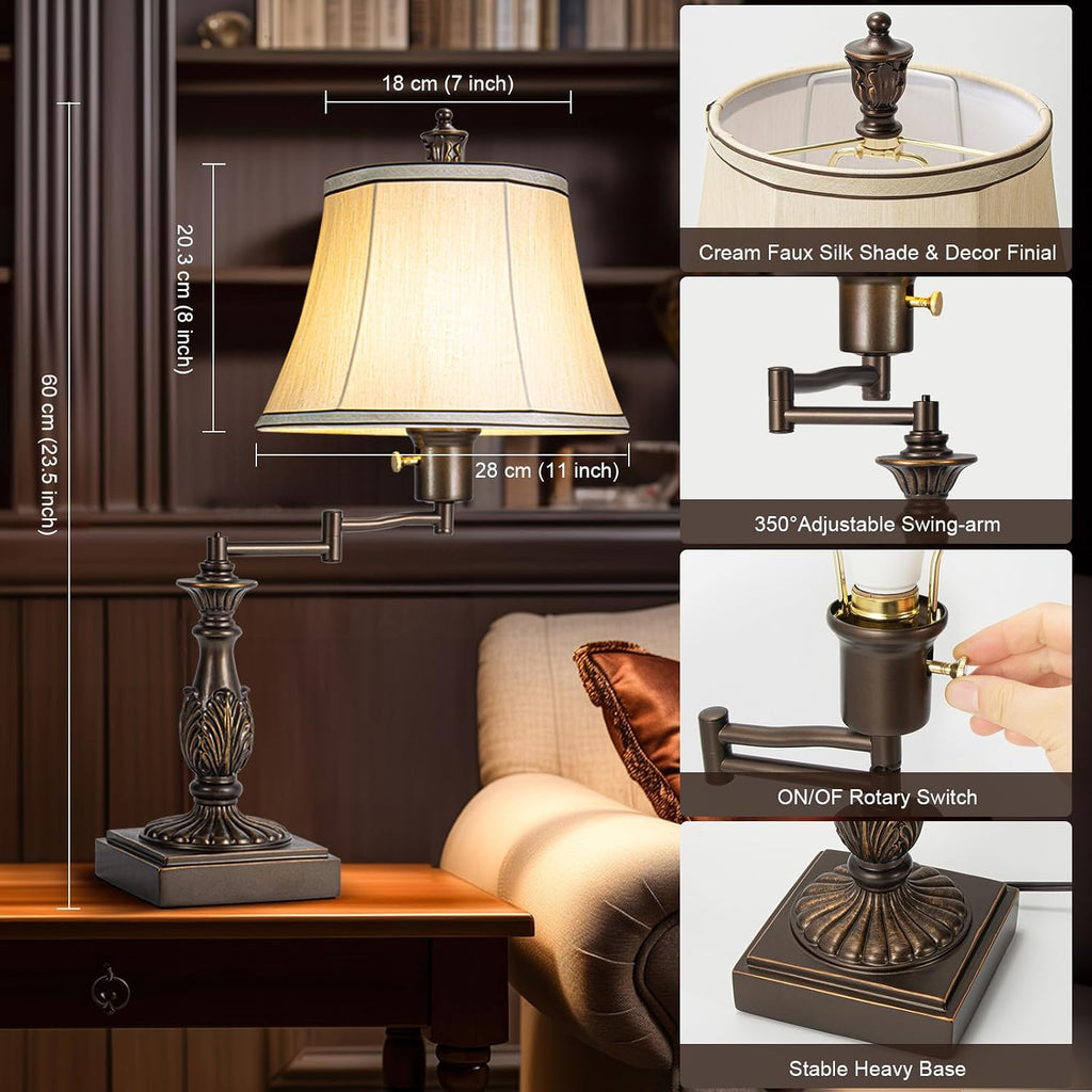 Scenekoy 23.5" High Rustic Traditional 350° Adjustable Swing Arm Table Lamp Set of 2 with USB A+C Ports