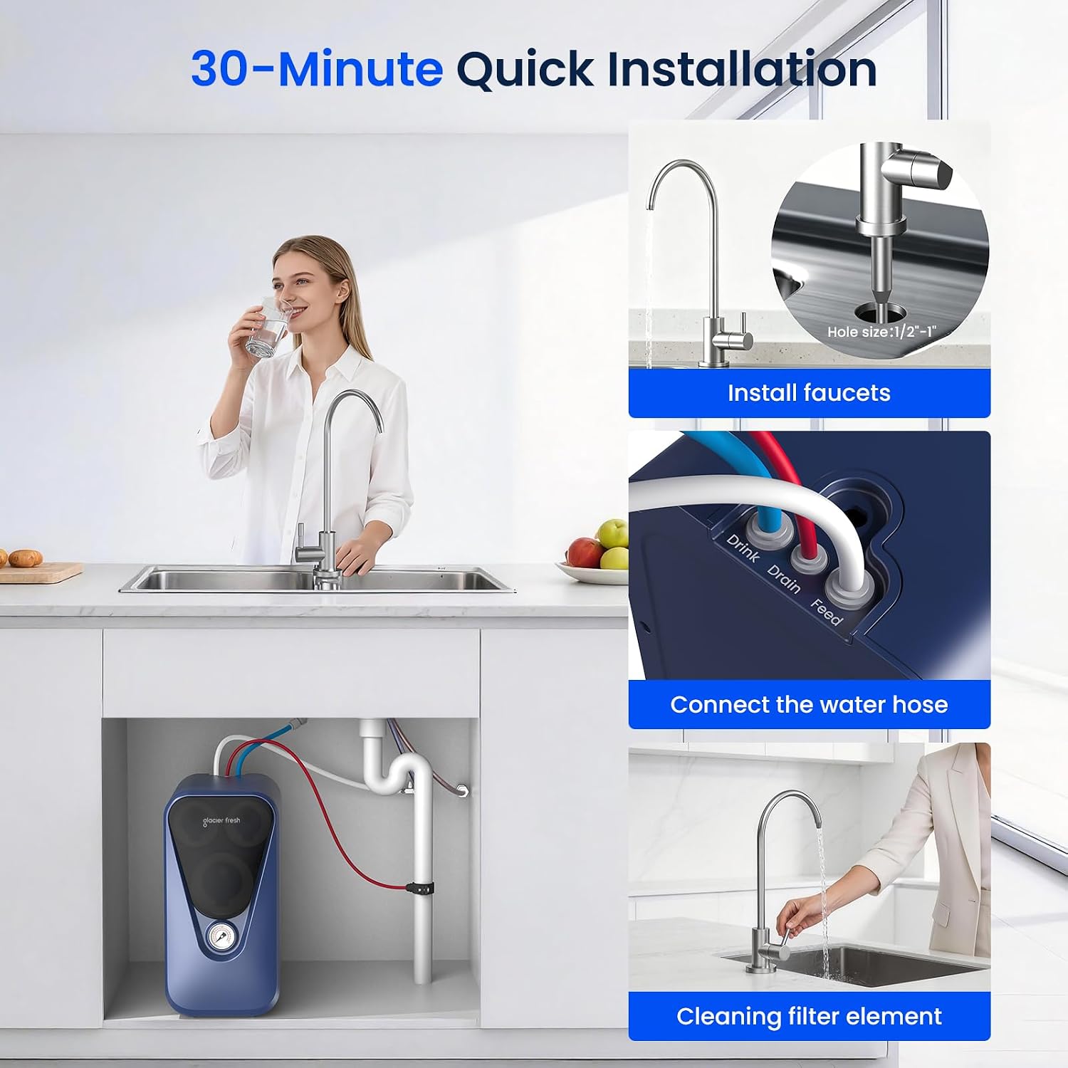 GLACIER FRESH GFU03 Reverse Osmosis System 800 GPD, No Electric/Noise, 3:1 Pure to Drain