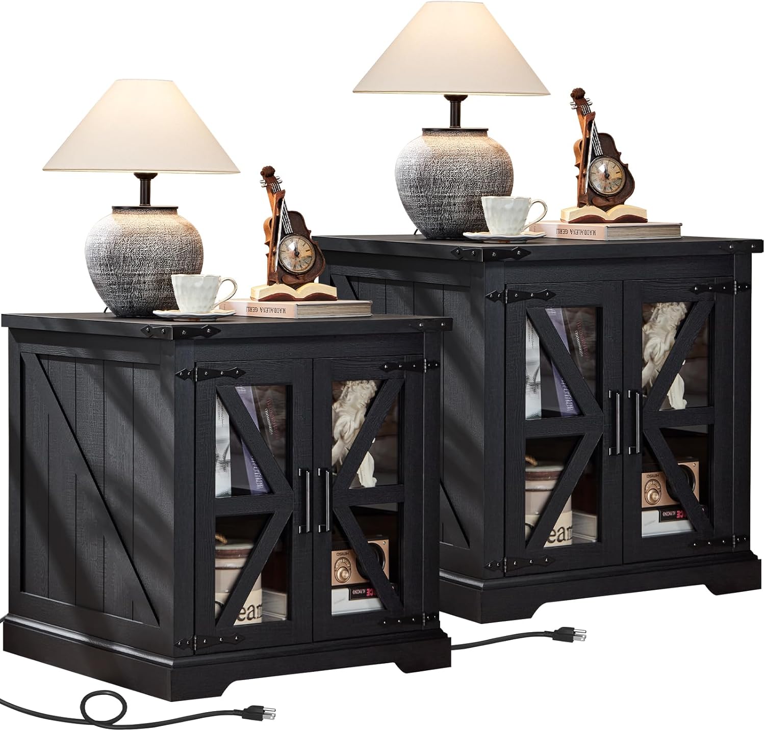 Joaxswe 24" End Table Set of 2 with Charging Station, Farmhouse Night Stand with Glass Barn Door