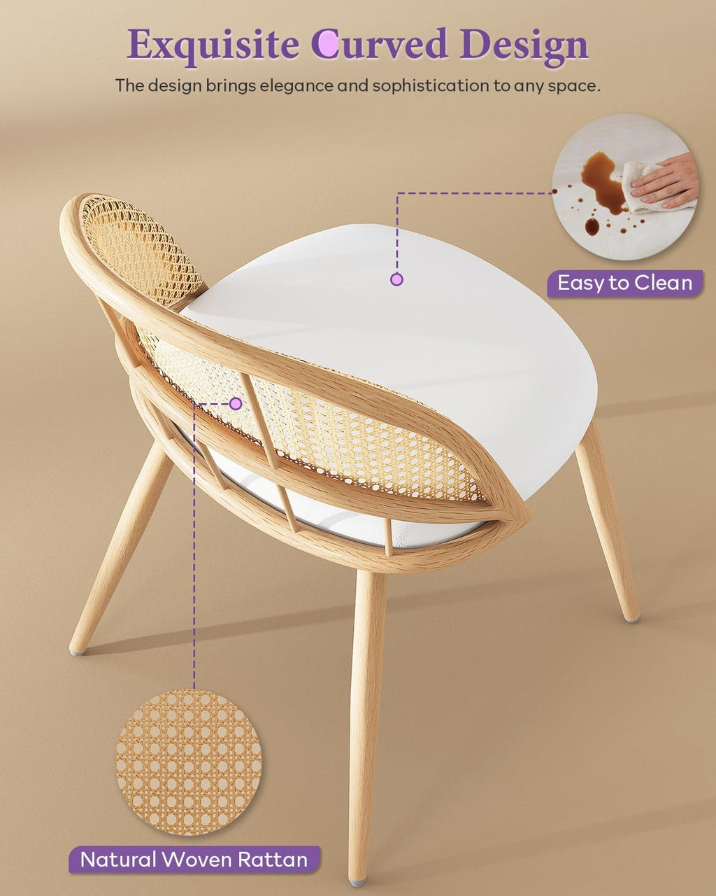 TYBOATLE Rattan Dinner Chairs Set of 4 with Faux Leather Cushion, Modern Dining Room Chairs