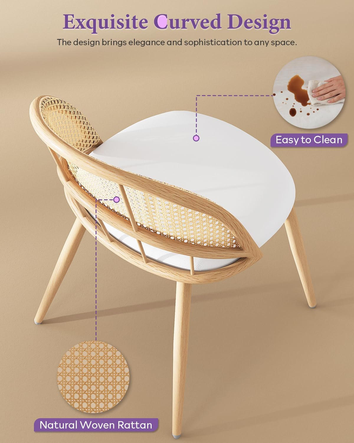 TYBOATLE Rattan Dinner Chairs Set of 4 with Faux Leather Cushion, Modern Dining Room Chairs