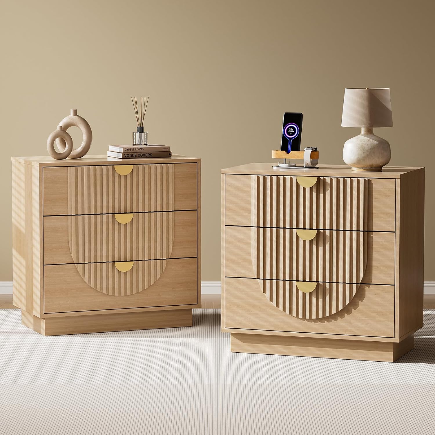 3 Drawer Nightstand with Charging Station,28" Fluted Night Stand & Modern Bedside Table