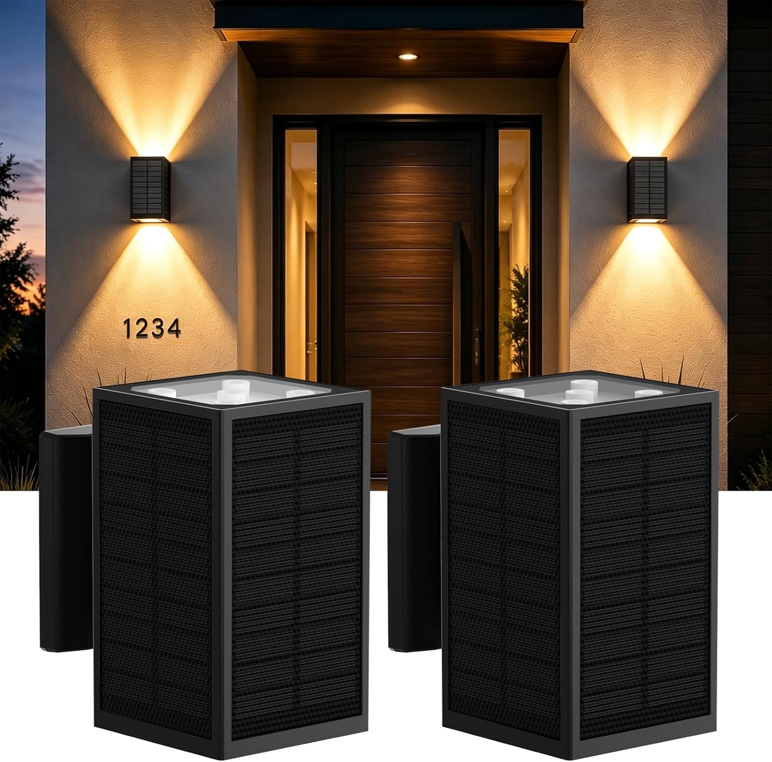Upgraded Solar Wall Lights Outdoor 2 Pack, 3-Sided Solar Panels Wall Sconce