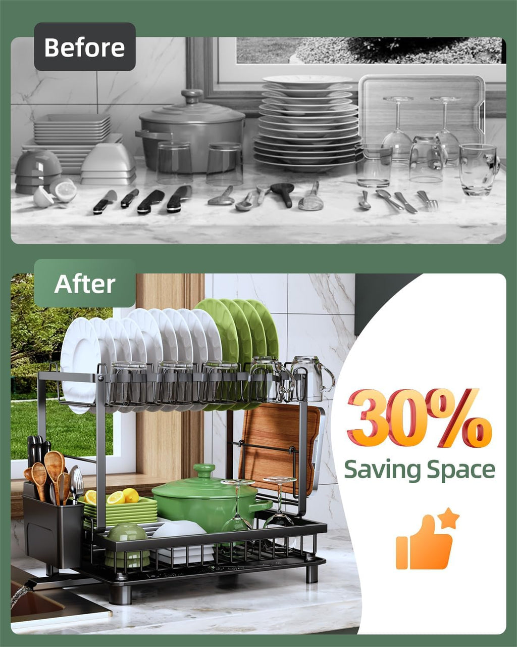 Dish Drying Rack, 2 Tier Space-Saving Dish Rack, Multifunctional Dish Drainer for Kitchen Counter