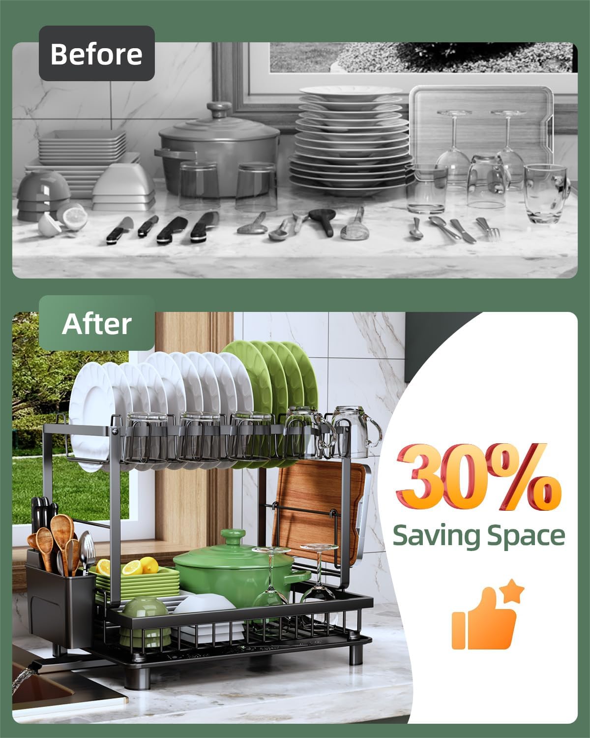 Dish Drying Rack, 2 Tier Space-Saving Dish Rack, Multifunctional Dish Drainer for Kitchen Counter