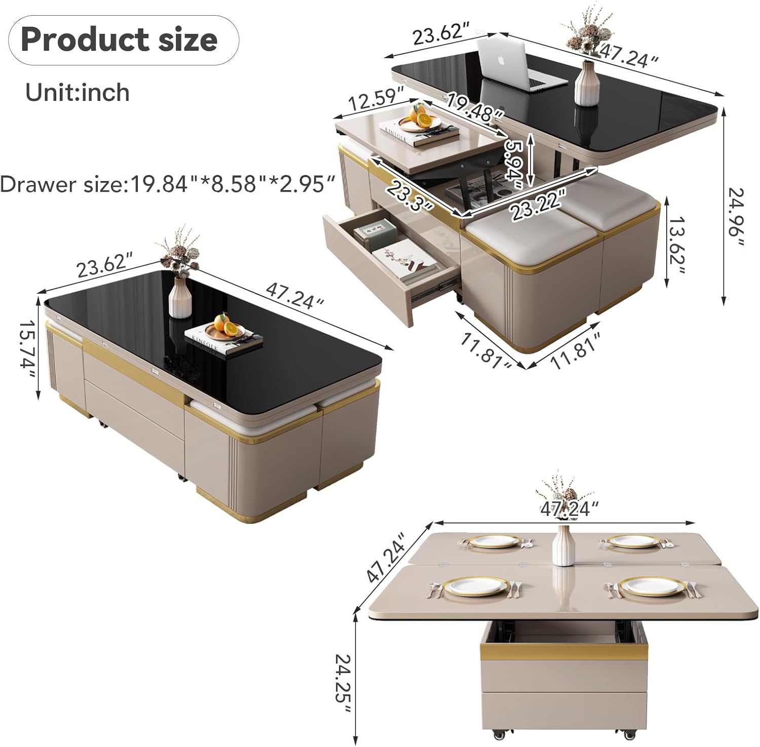 47" Lift Top Coffee Table with 4 Stools & Storage Drawers, Modern Multifunctional Convertible Center Table for Living Room, Pull-Out