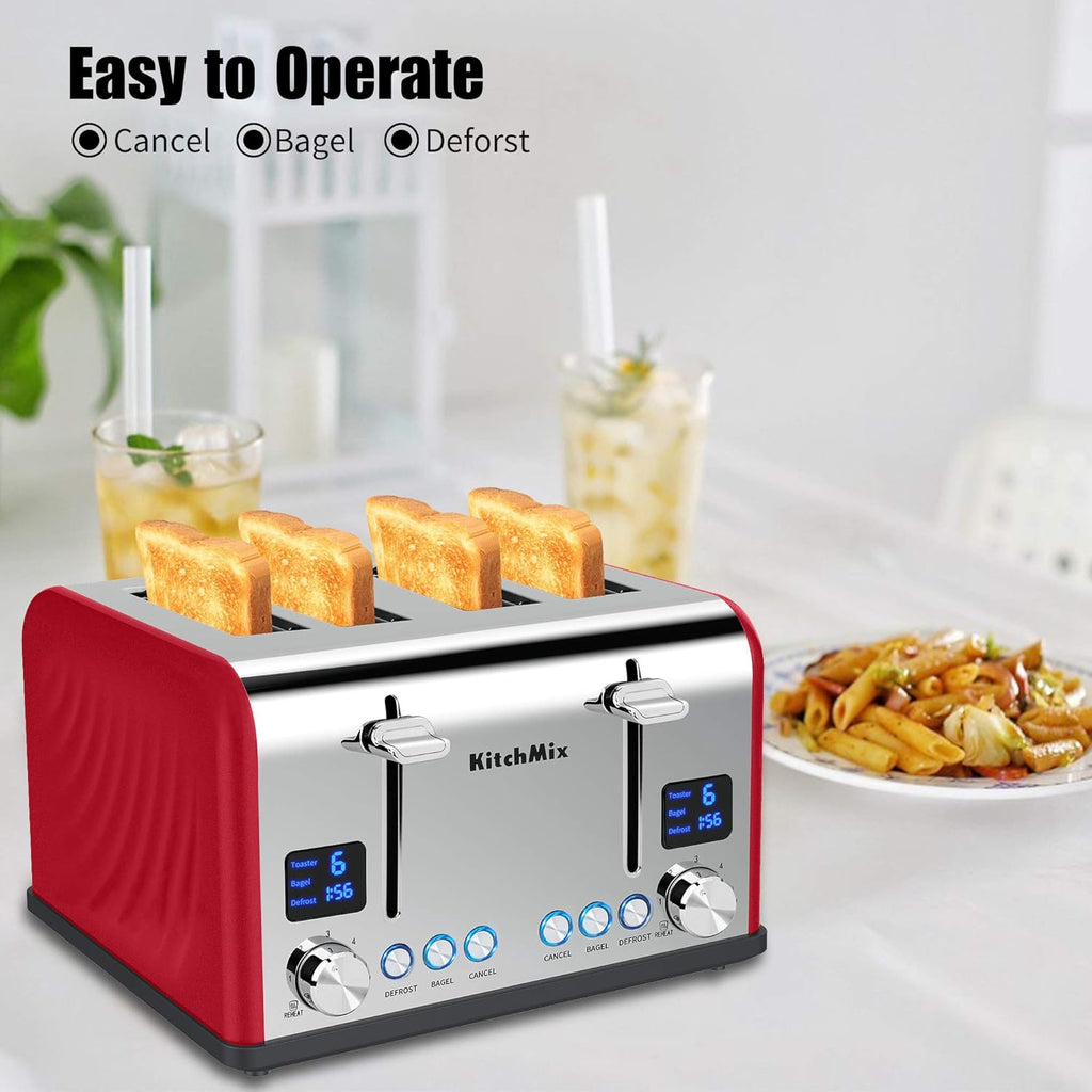 Toaster 4 Slice, KitchMix Bagel Stainless Toaster with LCD Timer