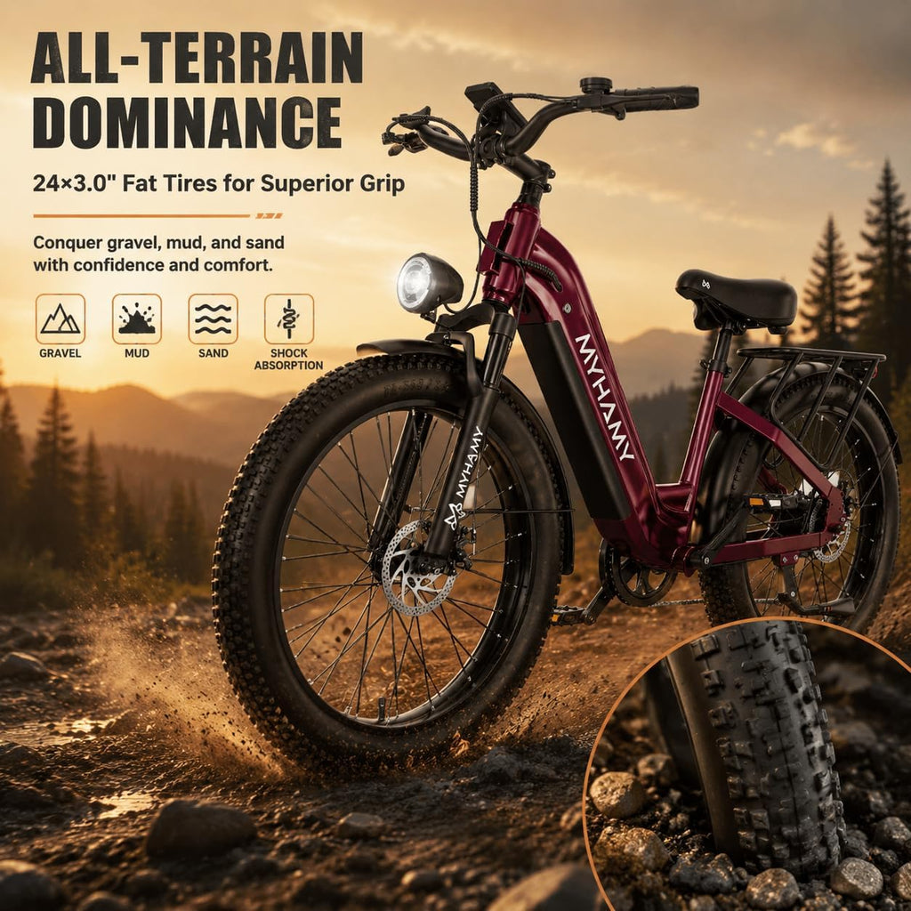 24" Fat Tire Electric Bike 48V 18Ah Adult Ebike | 100Nm torque climbs 25% hills.