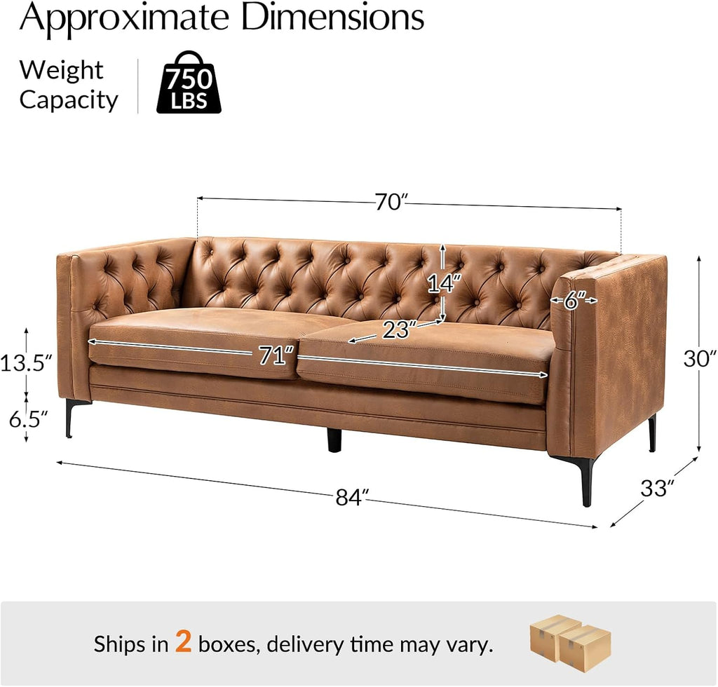HULALA HOME 84" W Faux Leather Sofa Couch with Metal Legs, Button-Tufted 3-Seater Sofa