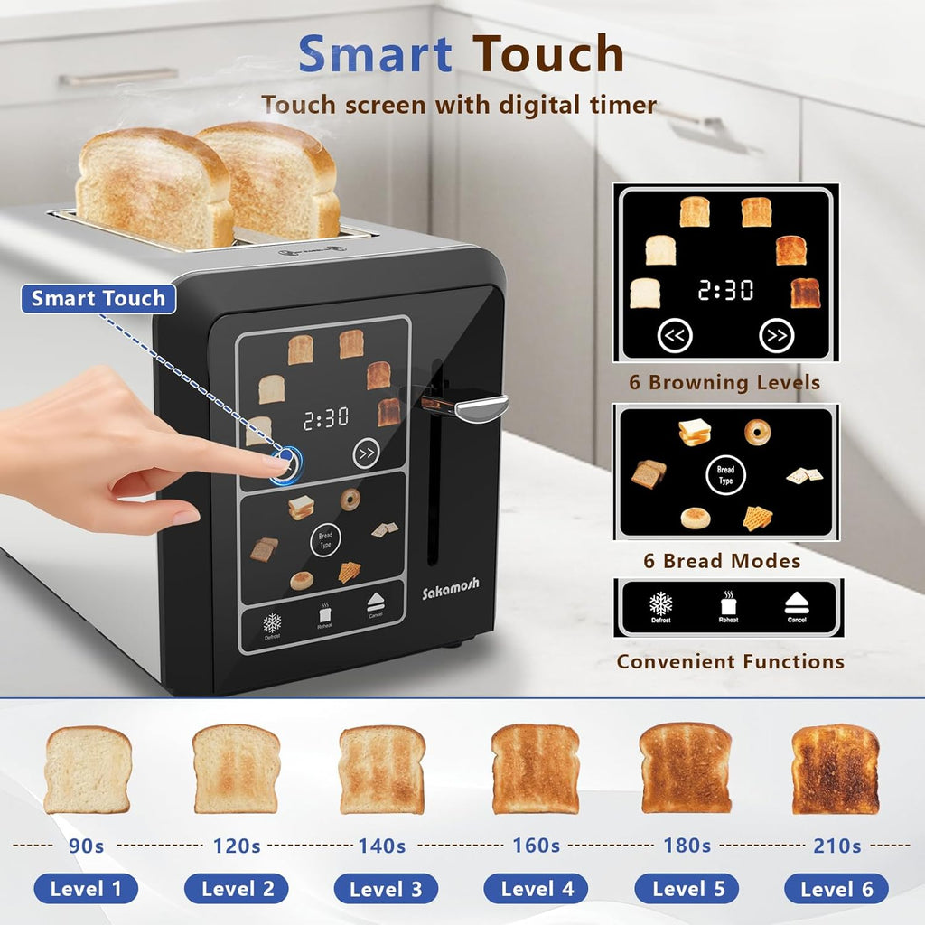 SAKAMOSH 2 Slice Touch Screen Toaster 1.3" Wide Slots for Bagels
