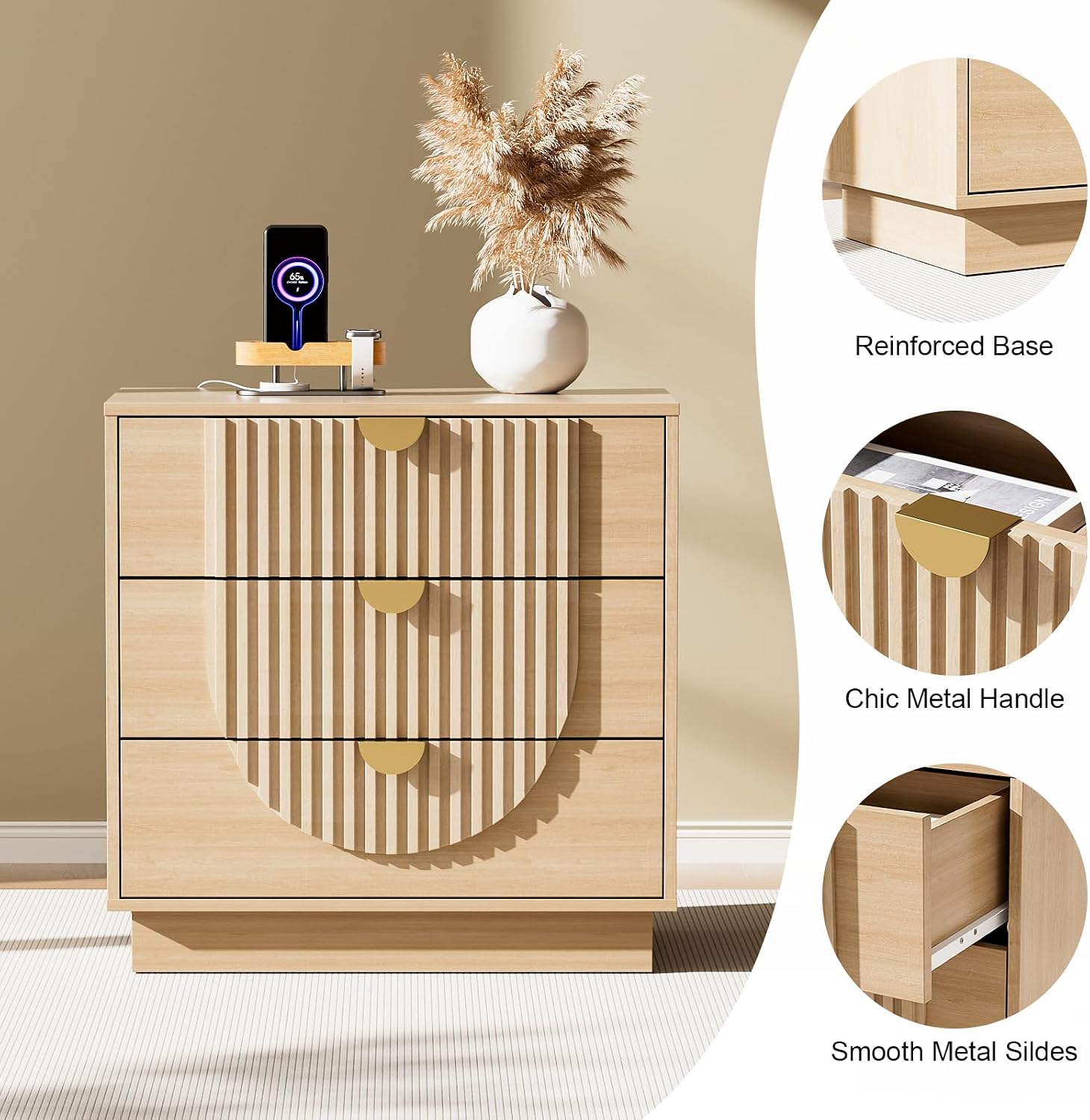 3 Drawer Nightstand with Charging Station,28" Fluted Night Stand & Modern Bedside Table
