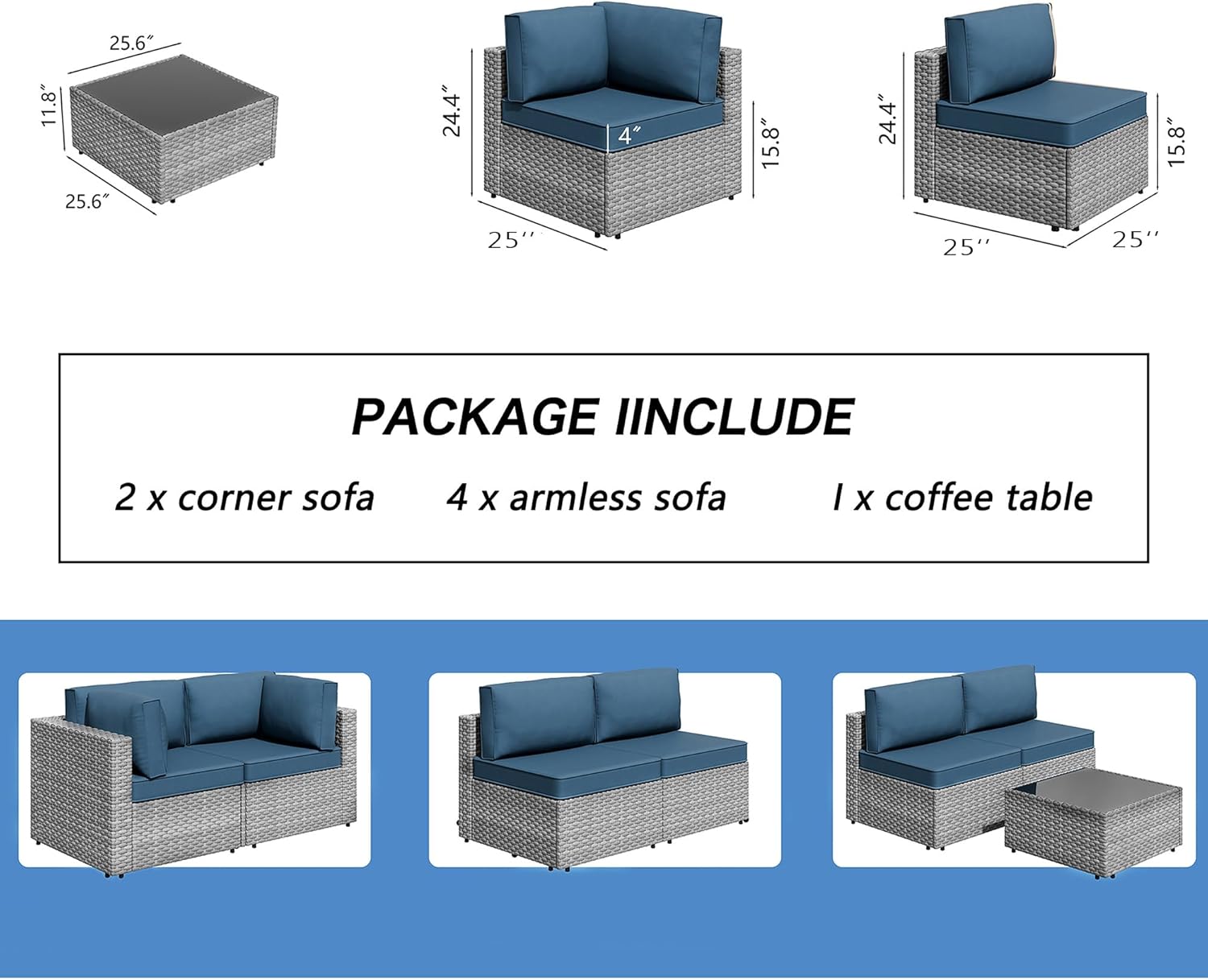 7 Piece Outdoor Patio Furniture Set,Silver PE Rattan Wicker Sectional Sofa, All Weather Conversation Set with Washable Cushions
