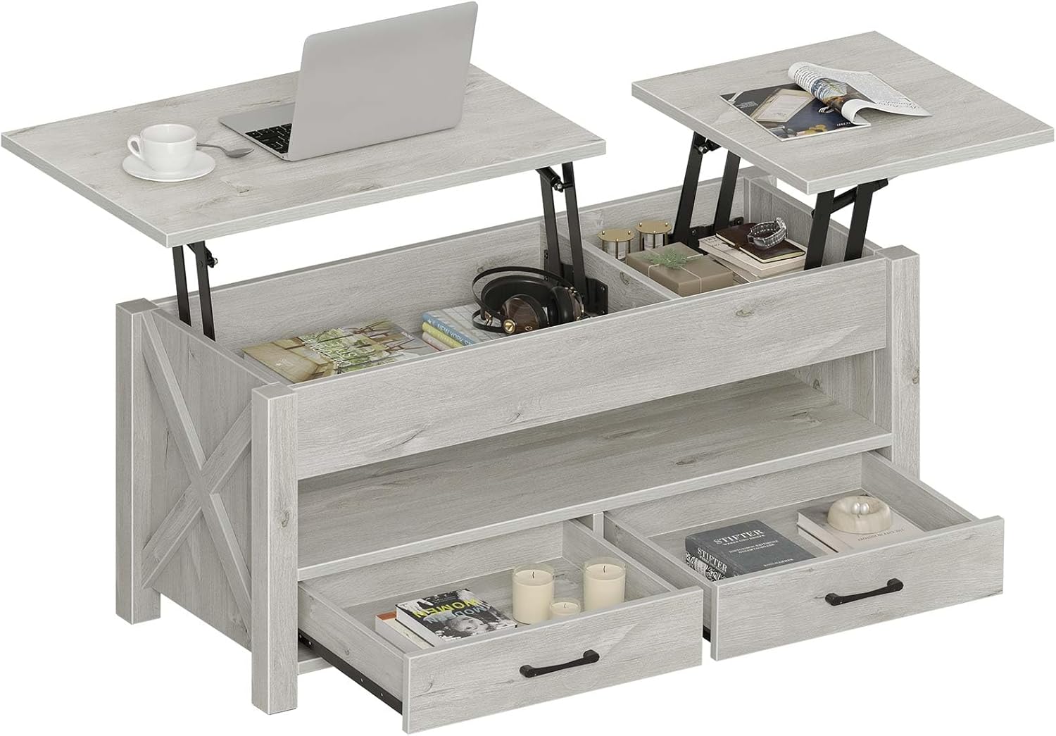 Seventable Coffee Table, 47.2" Lift Top Coffee Table with 2 Storage Drawers