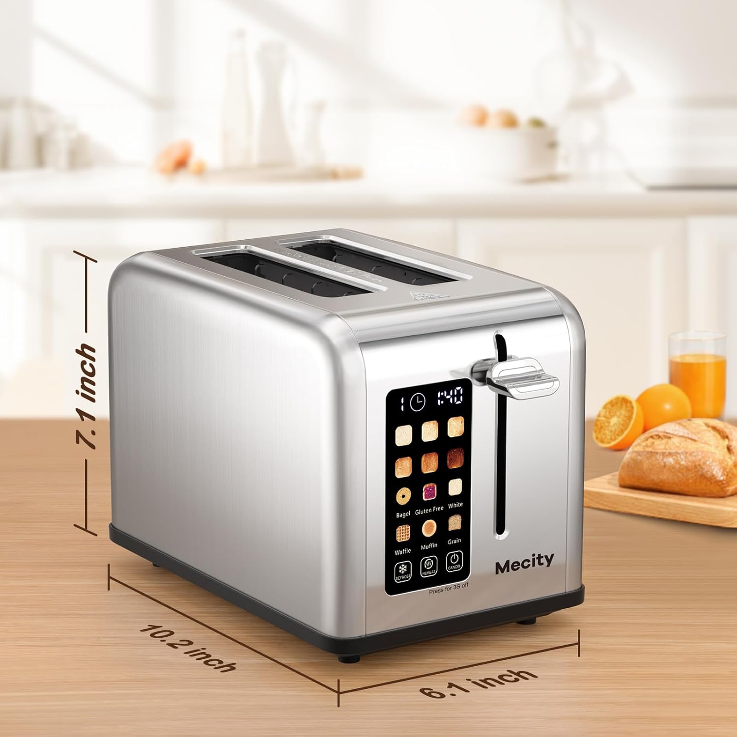 Mecity 2 Slice Toaster Touch Screen 1.5" Wide Slot, Stainless Steel