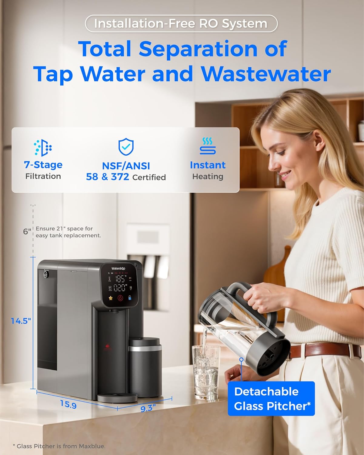 Waterdrop M6H Instant Hot Reverse Osmosis System Countertop Water Filter, 7-Stage