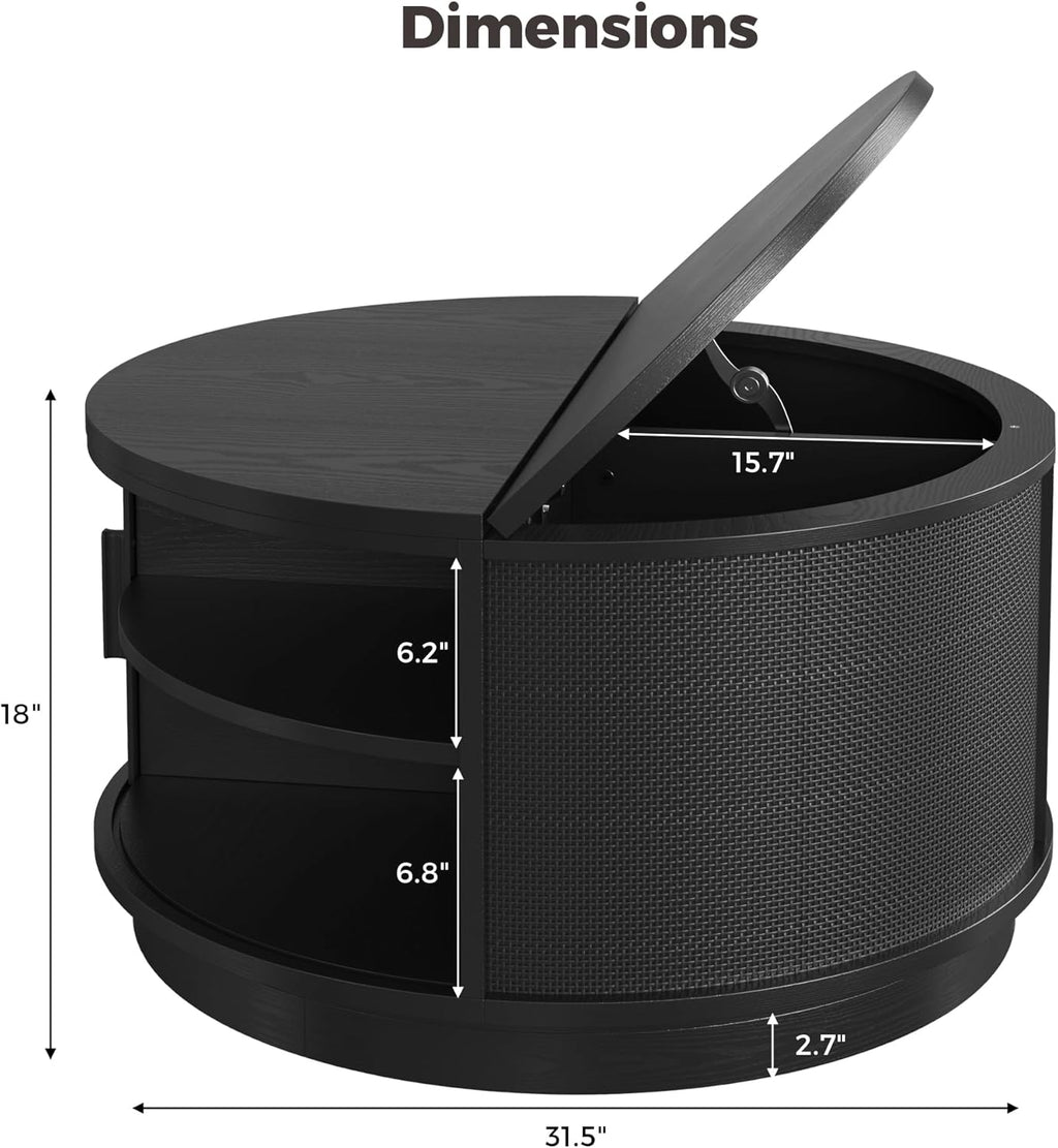 LIKIMIO Round Coffee Table with Storage, 360° Rotating Fluted Rattan