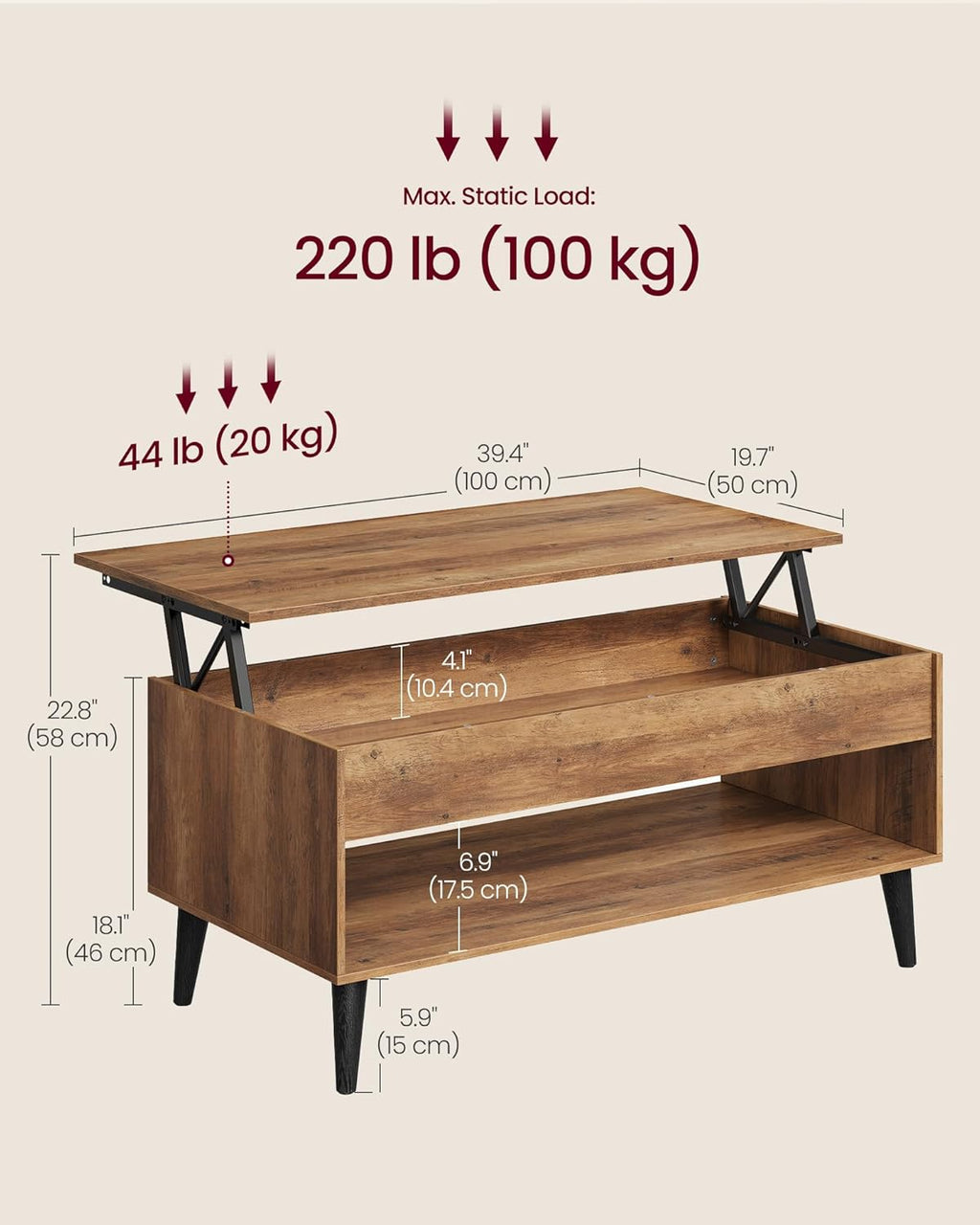 VASAGLE Lift Top Coffee Table, Lift Tabletop Dining Table, Gas Spring, Hidden Compartment