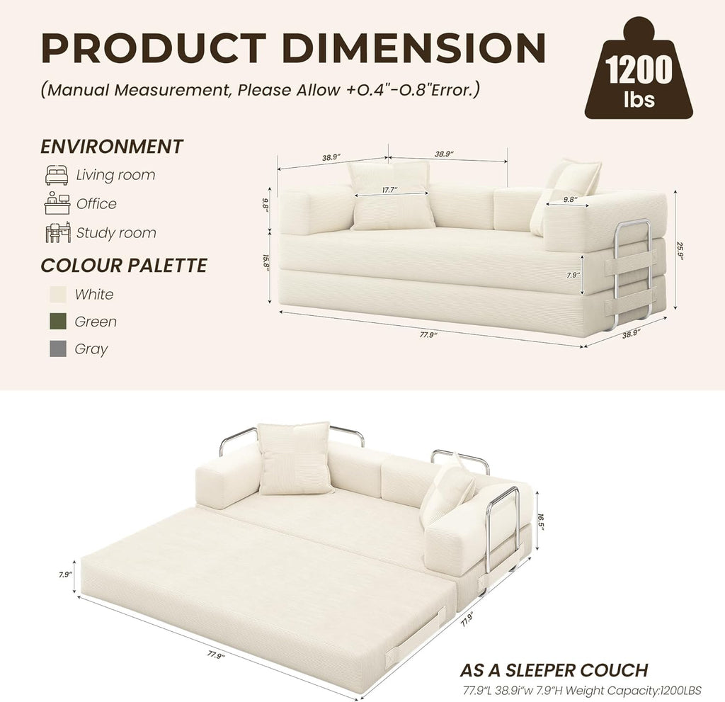 78 Inch Convertible Sofa Bed, 5-in-1 Futon Sofa Bed Pull Out Couch