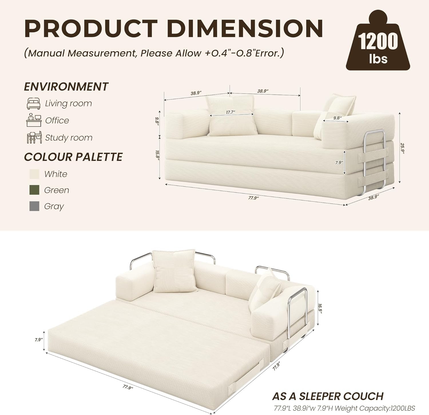 78 Inch Convertible Sofa Bed, 5-in-1 Futon Sofa Bed Pull Out Couch