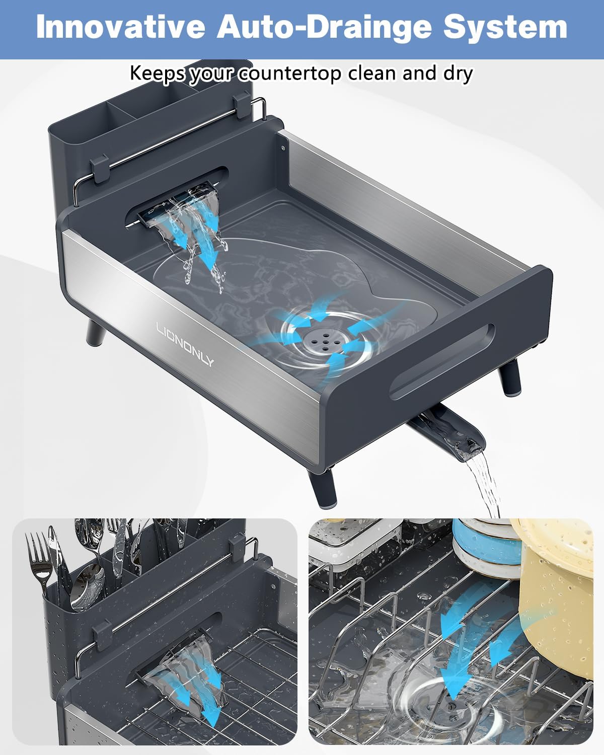 Dish Drying Rack with Drain Board, 304 Stainless Steel Core, Aluminum Rustproof Frame