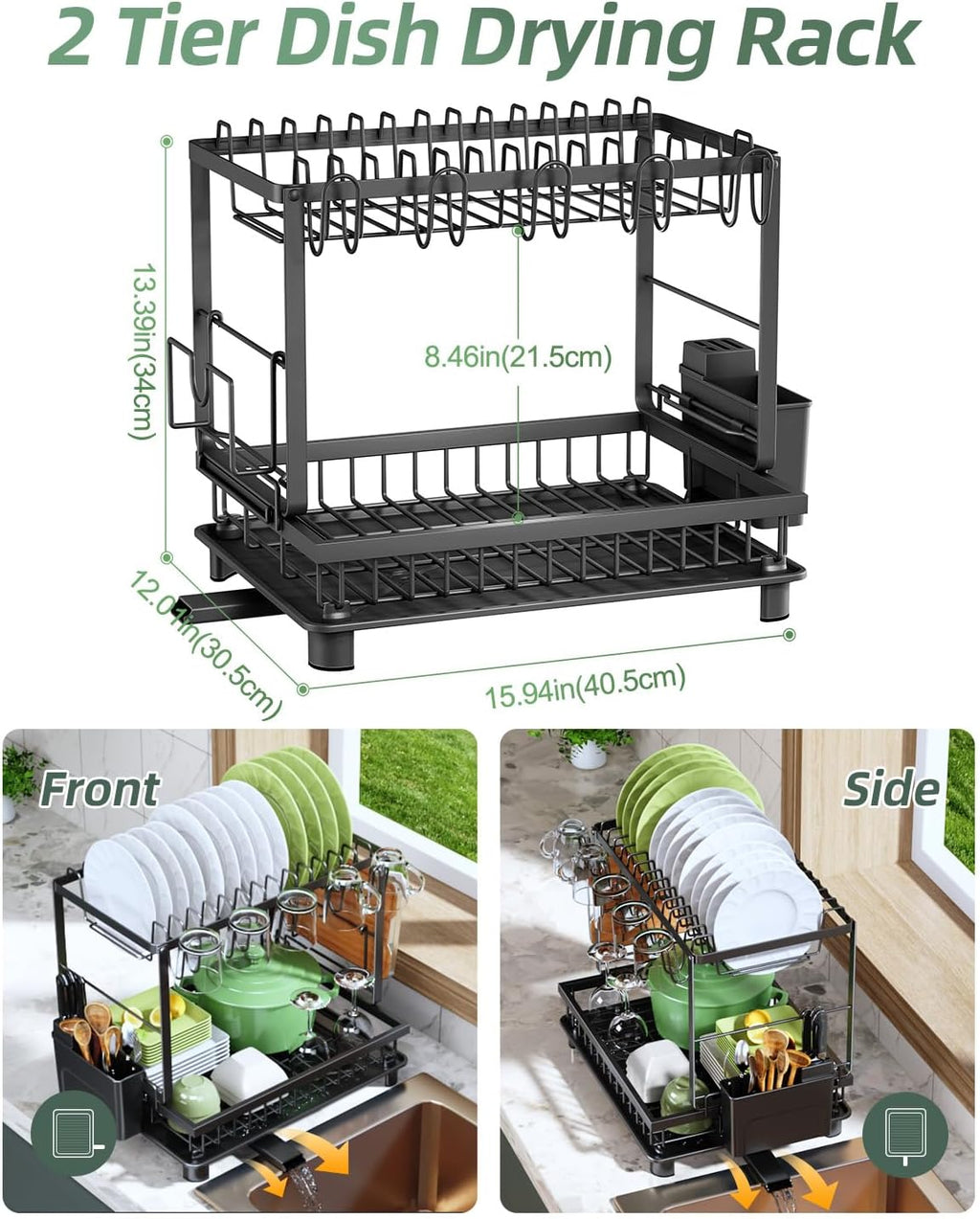 Dish Drying Rack, 2 Tier Space-Saving Dish Rack, Multifunctional Dish Drainer for Kitchen Counter
