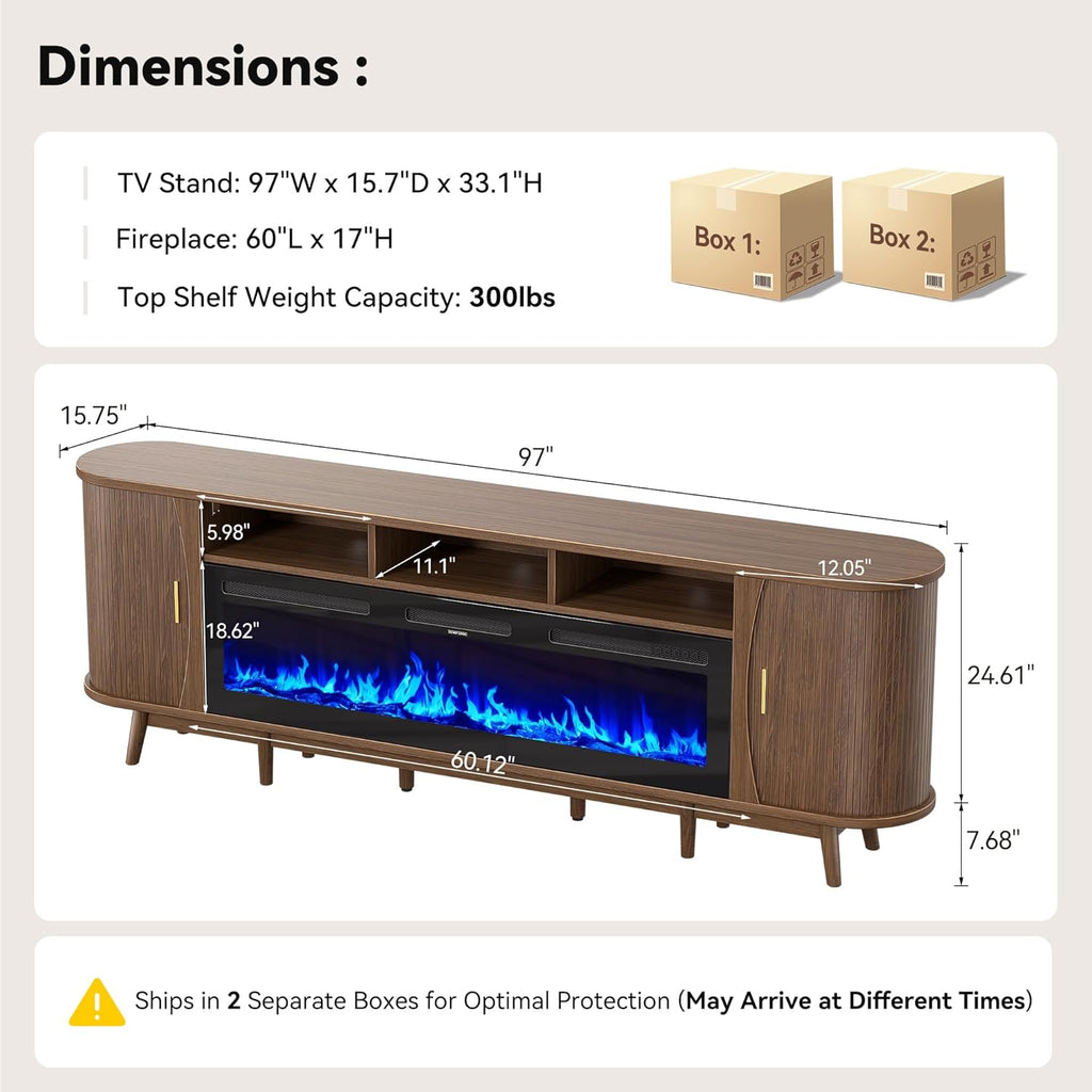 97" Fireplace TV Stand for 100" TV, Mid Century Modern Entertainment Center with 60" Electric Fireplace