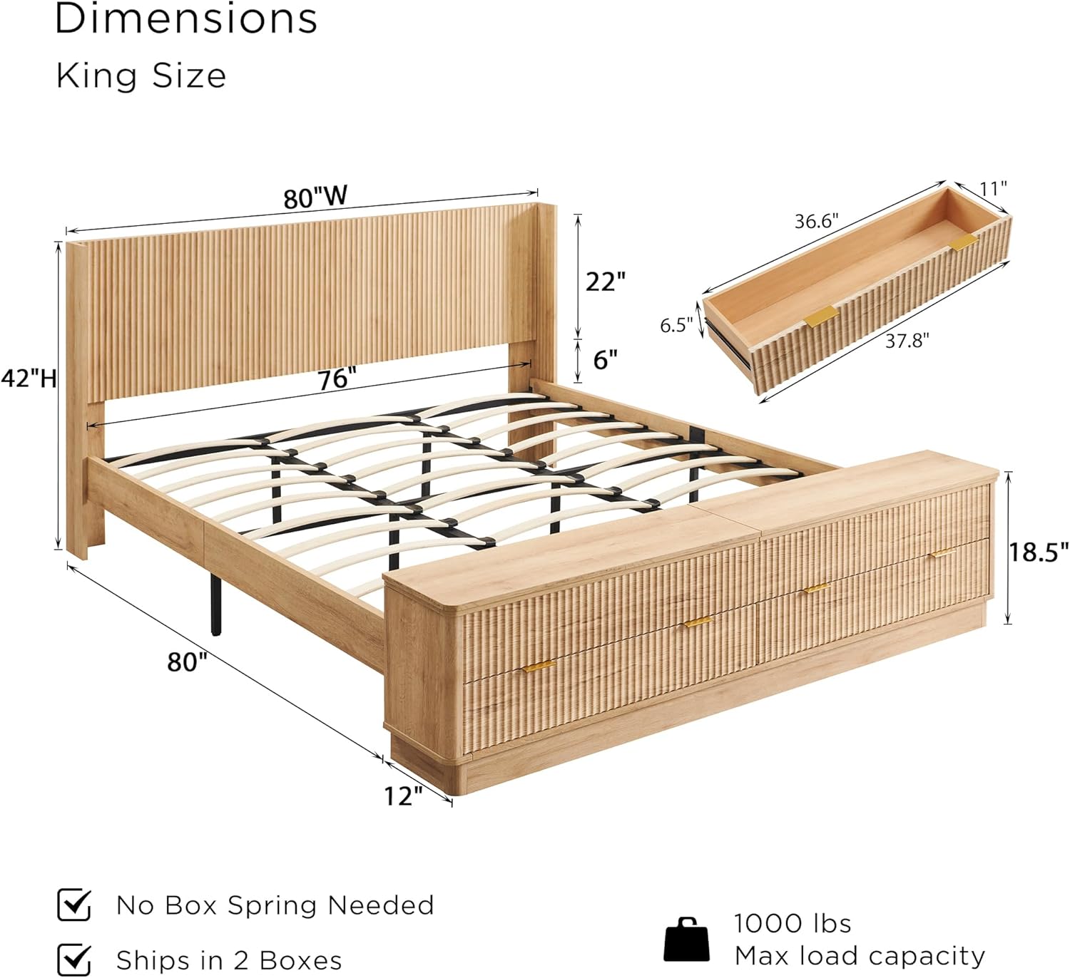 T4TREAM Fluted King Size Bed Frame with Wingback Headboard