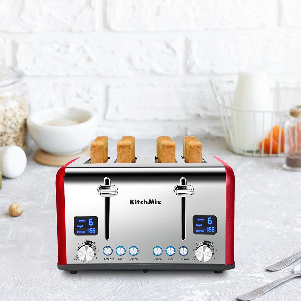Toaster 4 Slice, KitchMix Bagel Stainless Toaster with LCD Timer