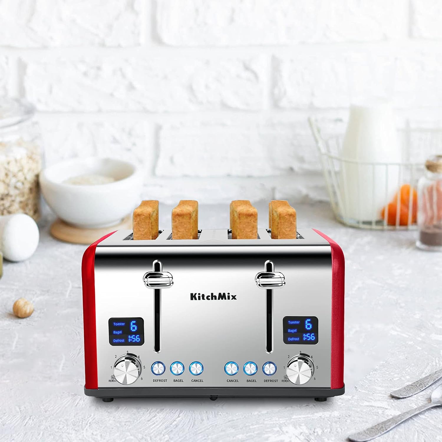 Toaster 4 Slice, KitchMix Bagel Stainless Toaster with LCD Timer