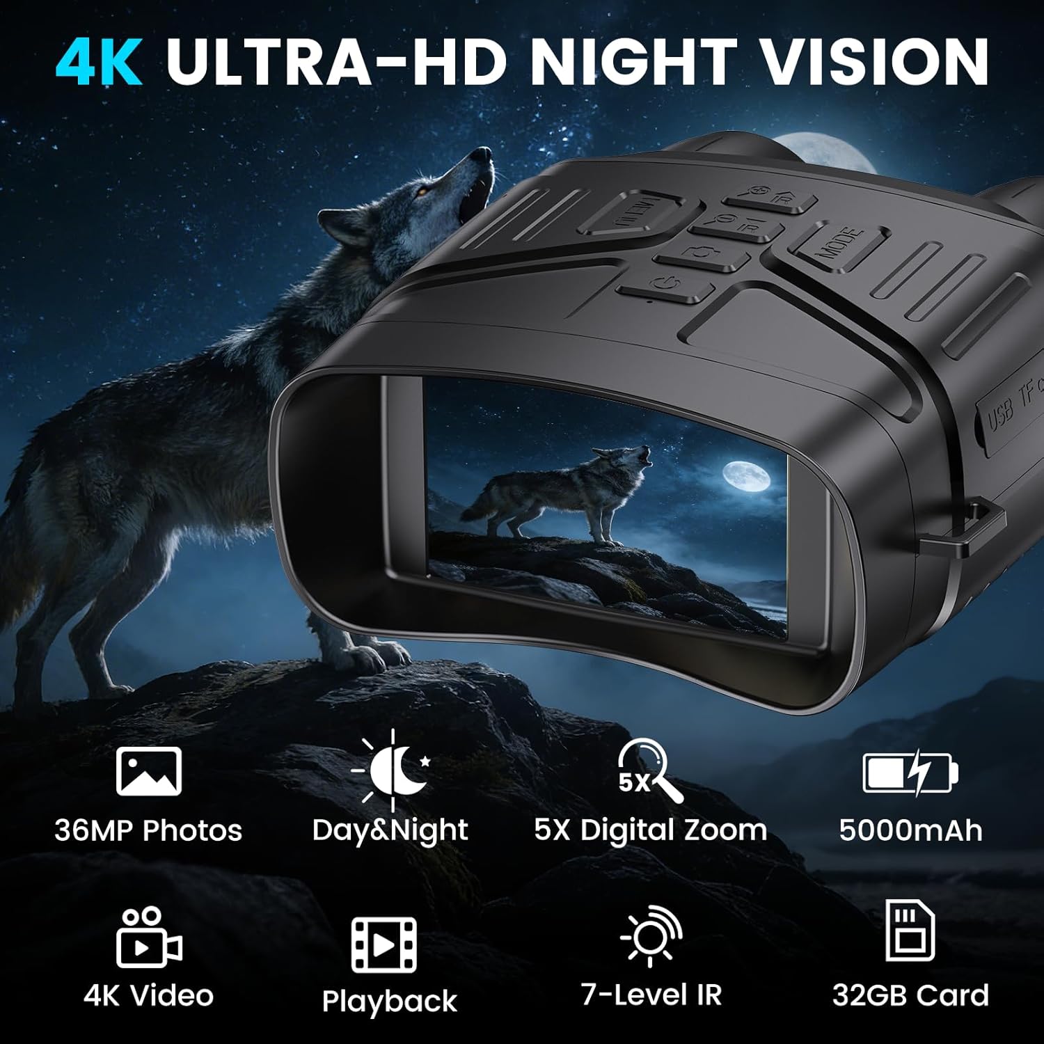 Night Vision Goggles for Adults, 4K Night Vision Binoculars with 5000mAh Rechargeable Battery