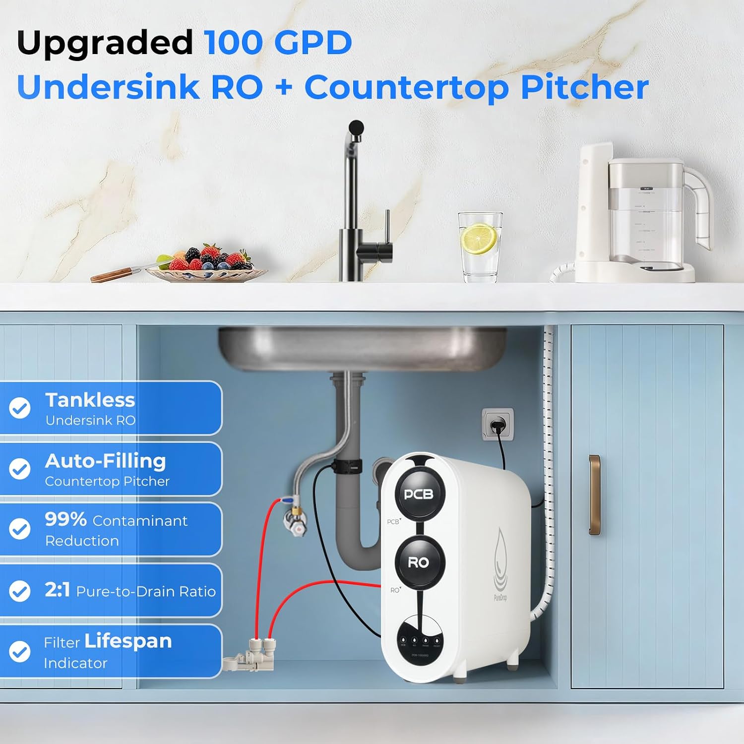 PureDrop PDR-100HRO Tankless Under Sink RO System with Auto-Fill Pitcher |