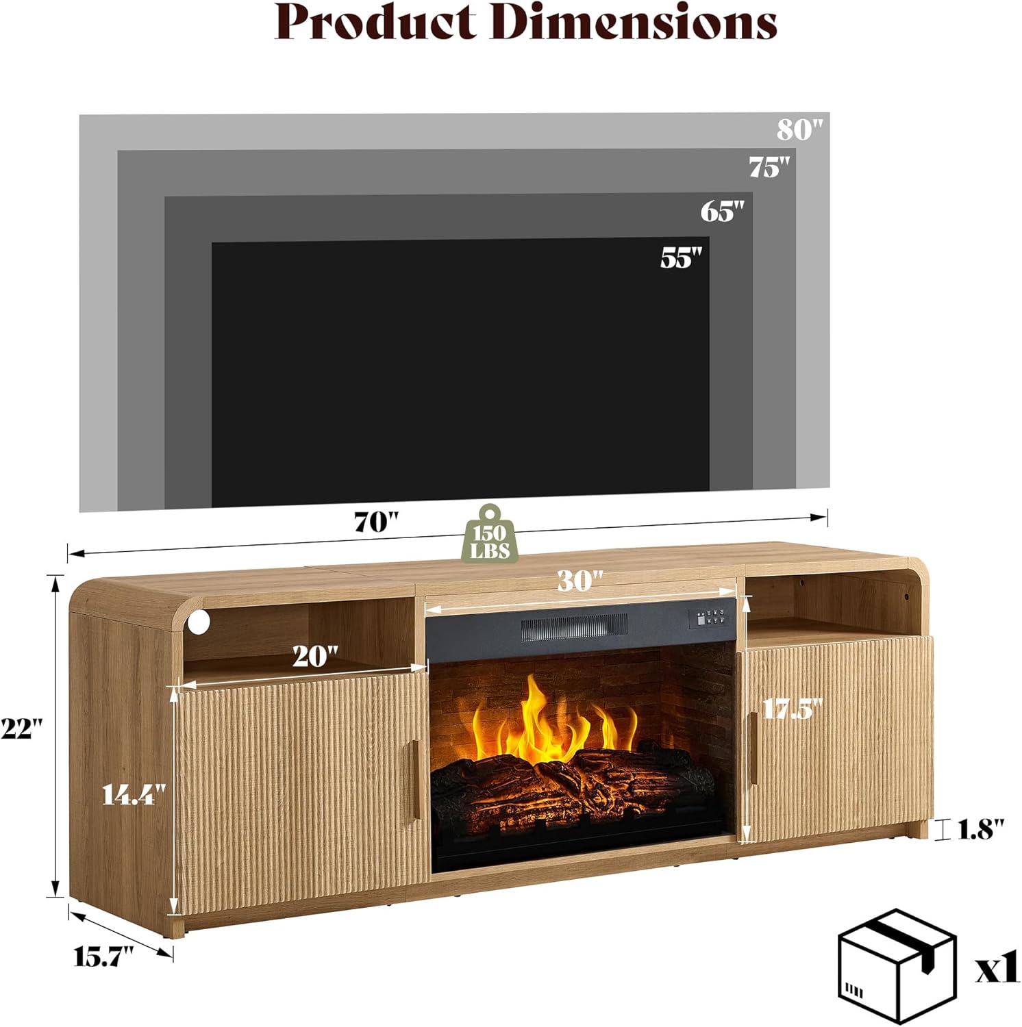 AMERLIFE 70" Fluted Fireplace TV Stand for TVs Up to 80", Modern TV Console with 30" Electric Fireplace