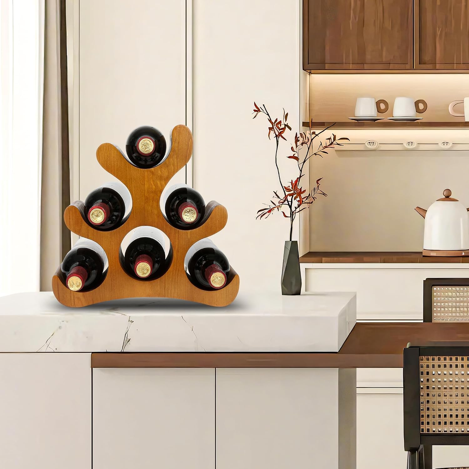 Countertop Wine Rack - 6 Bottle Wooden Wine Rack - Freestanding Wine Bottle Holder Stand - Wine