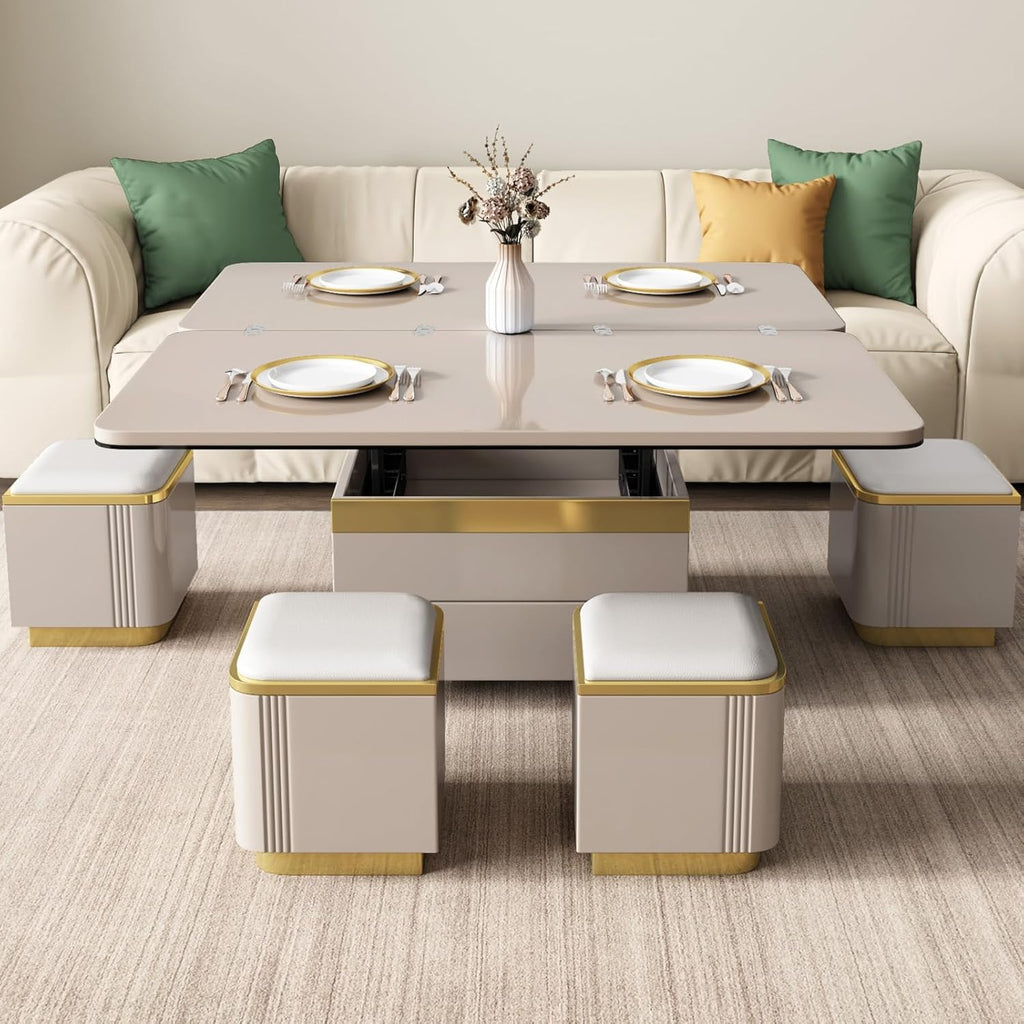47" Lift Top Coffee Table with 4 Stools & Storage Drawers, Modern Multifunctional Convertible Center Table for Living Room, Pull-Out