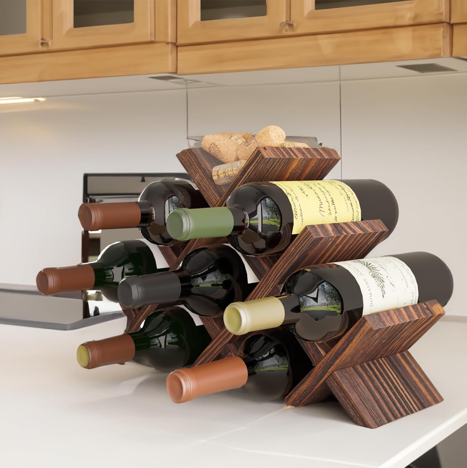 Alella Countertop Wood Wine Rack for 8 Bottles Holder and Cork Storage Tabletop Butterfly Sleek Design