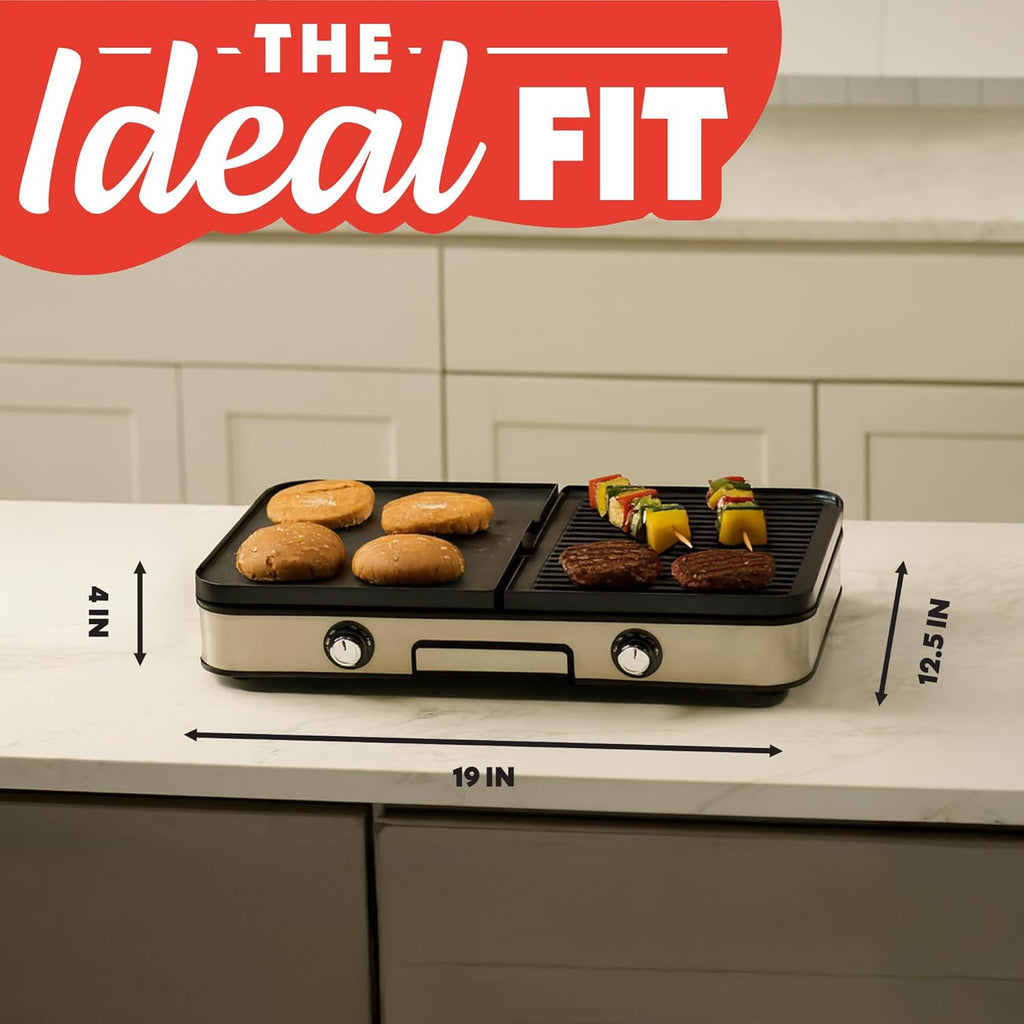 Gourmia 3-in-1 Indoor Grill & Griddle Electric Combo – Dual Independent Cooking Zones, Reversible Nonstick