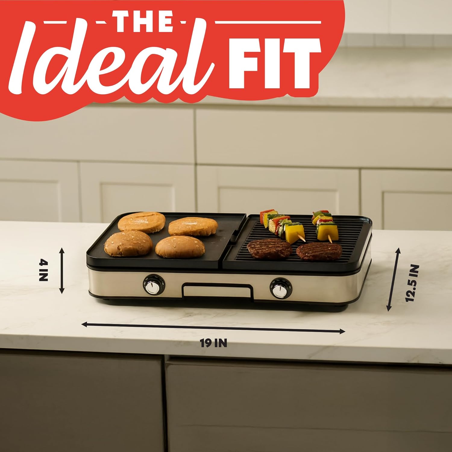 Gourmia 3-in-1 Indoor Grill & Griddle Electric Combo – Dual Independent Cooking Zones, Reversible Nonstick