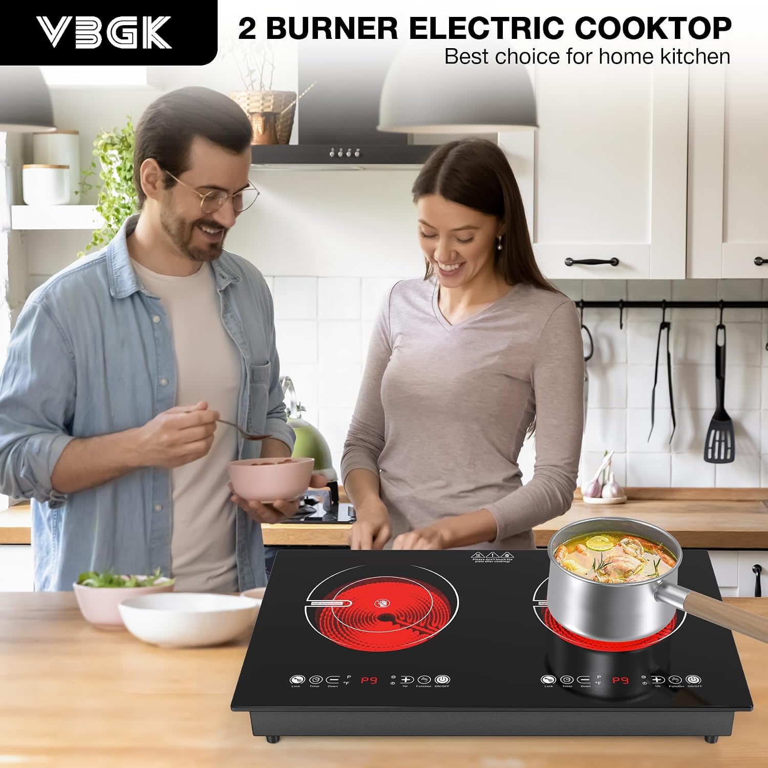 2 Burner Electric Cooktop,110V 2400W ElectricStove Top with Touch Control,9 Heating Level