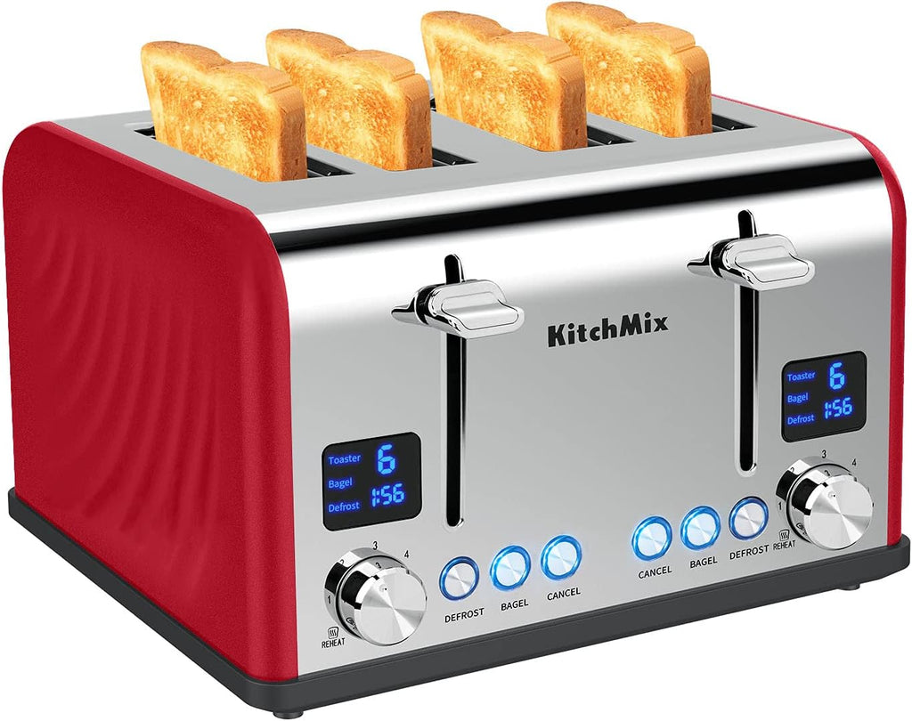 Toaster 4 Slice, KitchMix Bagel Stainless Toaster with LCD Timer