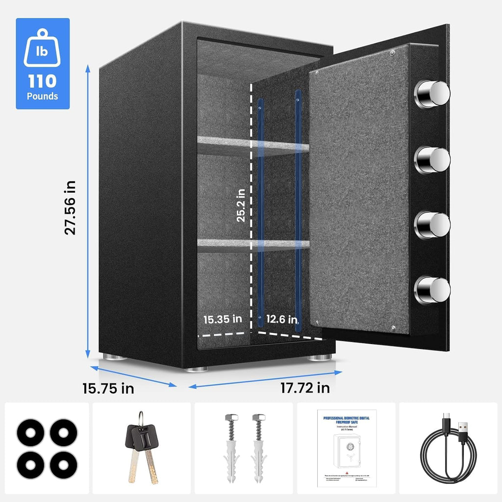 8.0Cuft Biometric True Fireproof Safe with LED & Alarm, 120LB | Fingerprint + keypad + keys for quick access