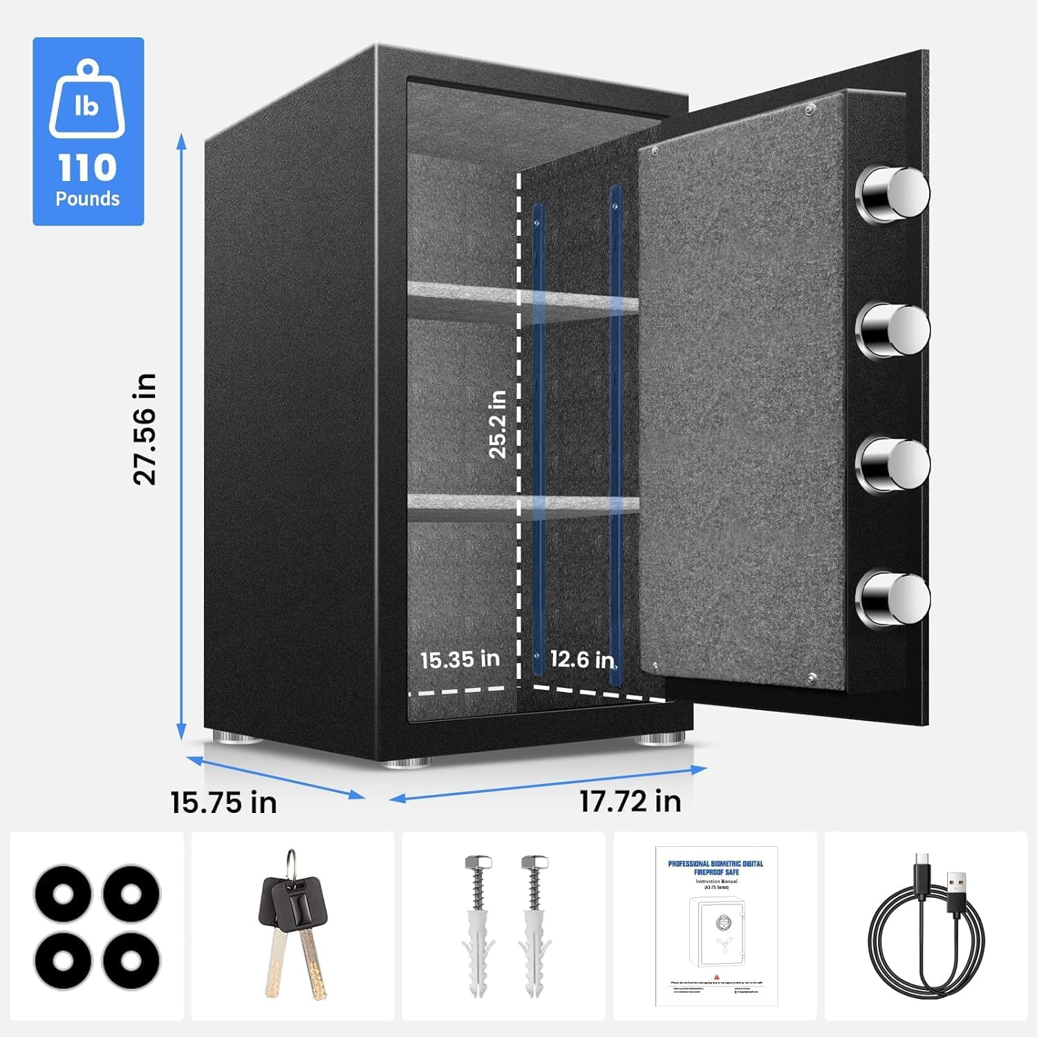 8.0Cuft Biometric True Fireproof Safe with LED & Alarm, 120LB | Fingerprint + keypad + keys for quick access